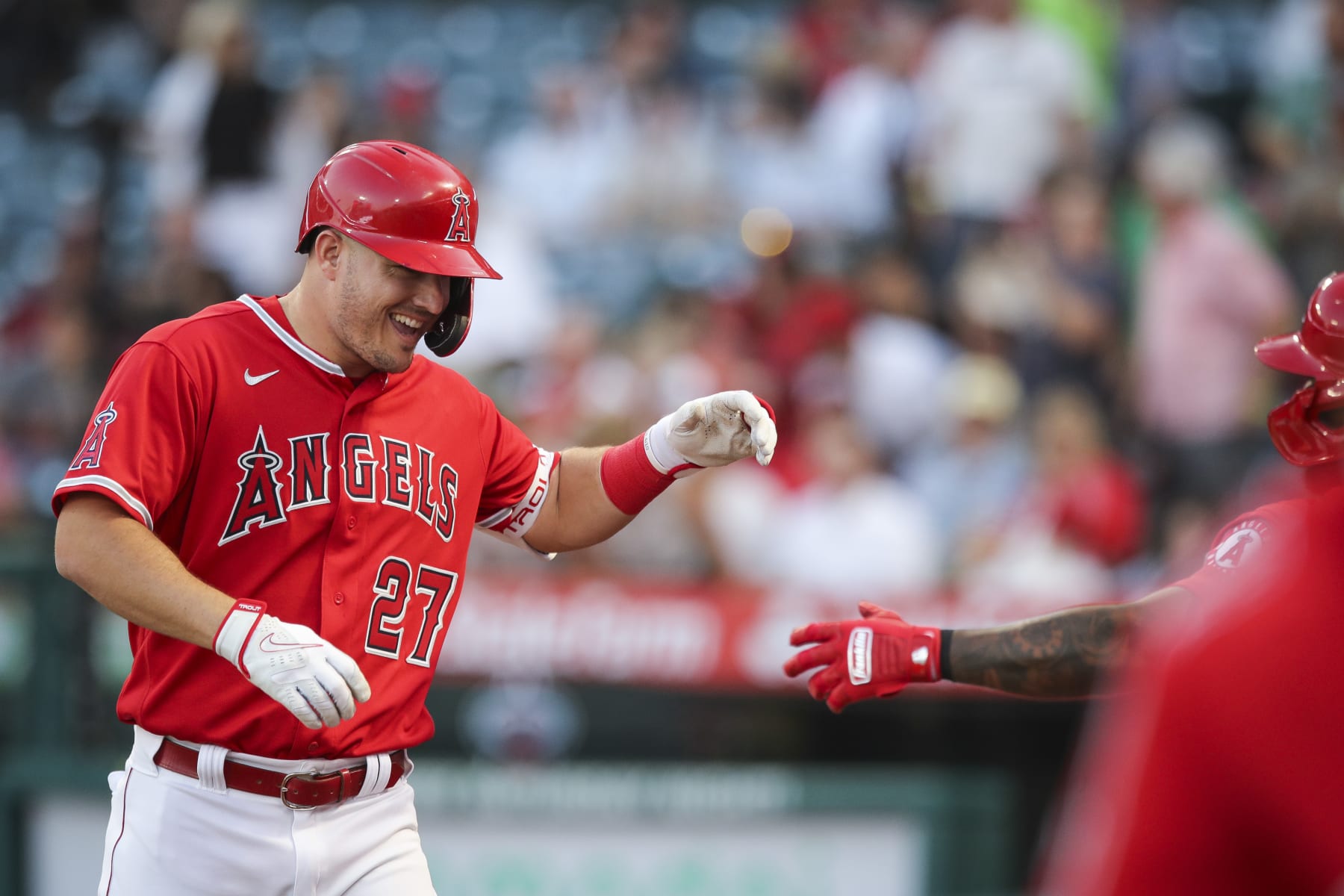 ANAHEIM, CALIFORNIA - SEPTEMBER 06: Mike Trout #27 of the Los Angeles Angels celebrates after hitting a home run in the first inning against the Detroit Tigers at Angel Stadium of Anaheim on September 06, 2022 in Anaheim, California. (Photo by Meg Oliphant/Getty Images)