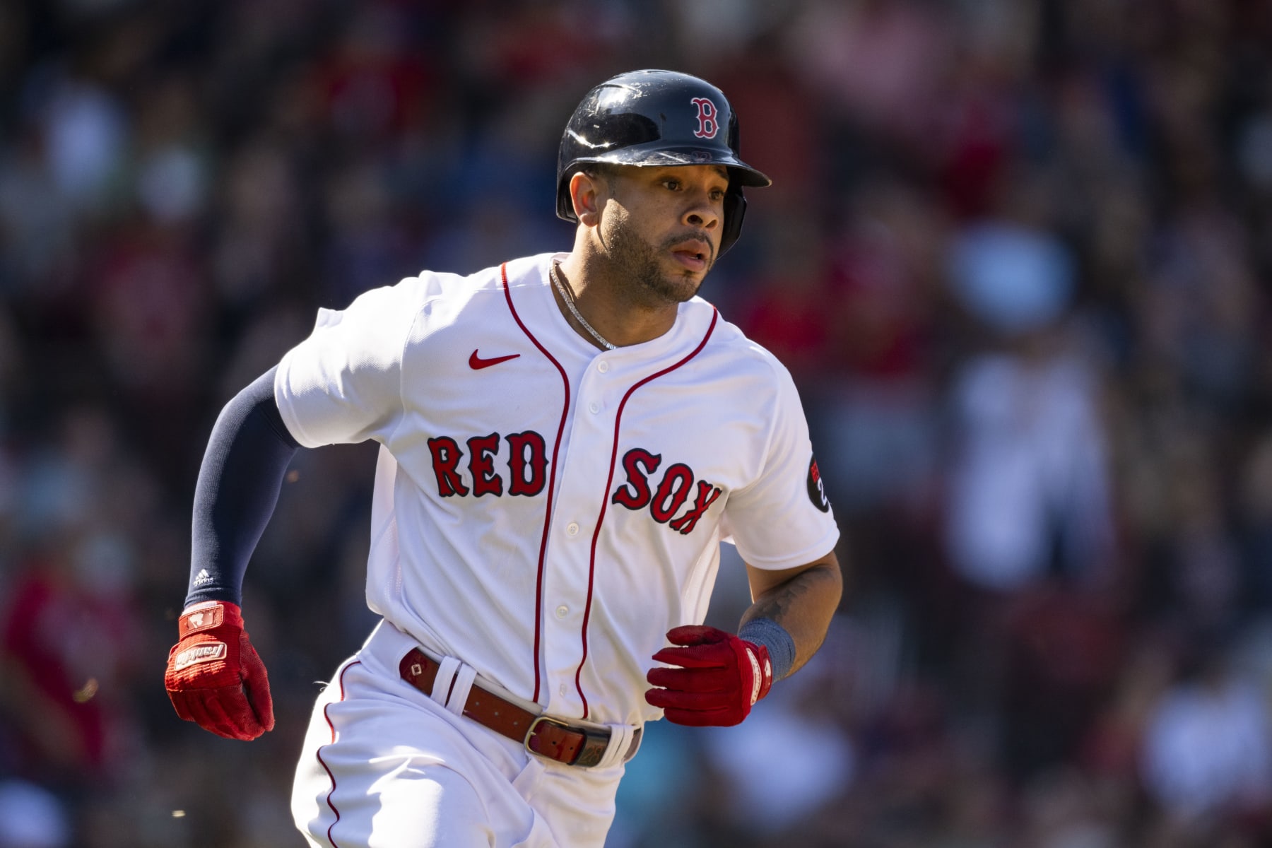 BOSTON, MA - AUGUST 28: Tommy Pham #22 of the Boston Red Sox reacts after hitting a solo home run during the fifth inning of a game against the Tampa Bay Rays on August 28, 2022 at Fenway Park in Boston, Massachusetts.(Photo by Billie Weiss/Boston Red Sox/Getty Images)