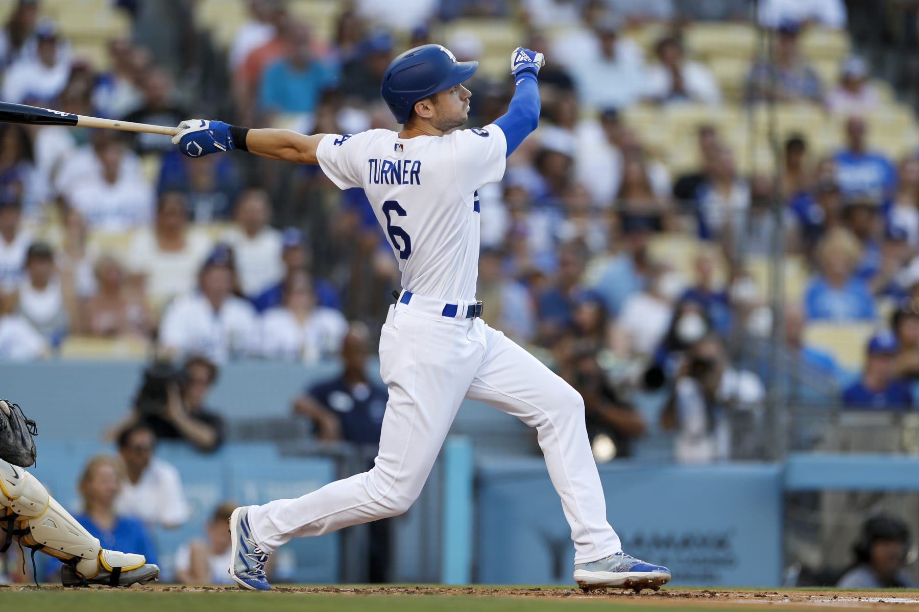 LOS ANGELES, CA - SEPTEMBER 03: Los Angeles Dodgers shortstop Trea Turner (6) hits a two-run home run in the first inning during a regular season game between the San Diego Padres and Los Angeles Dodgers on September 03, 2022, at Dodger Stadium in Los Angeles, CA. (Photo by Brandon Sloter/Icon Sportswire via Getty Images)