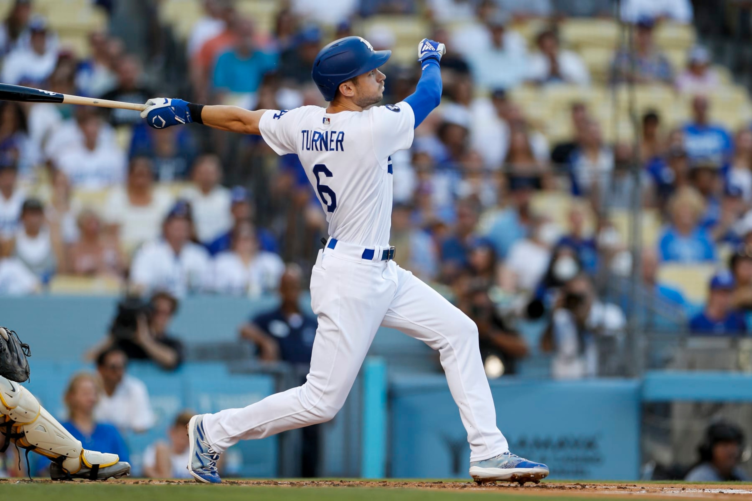LOS ANGELES, CA - SEPTEMBER 03: Los Angeles Dodgers shortstop Trea Turner (6) hits a two-run home run in the first inning during a regular season game between the San Diego Padres and Los Angeles Dodgers on September 03, 2022, at Dodger Stadium in Los Angeles, CA. (Photo by Brandon Sloter/Icon Sportswire via Getty Images)