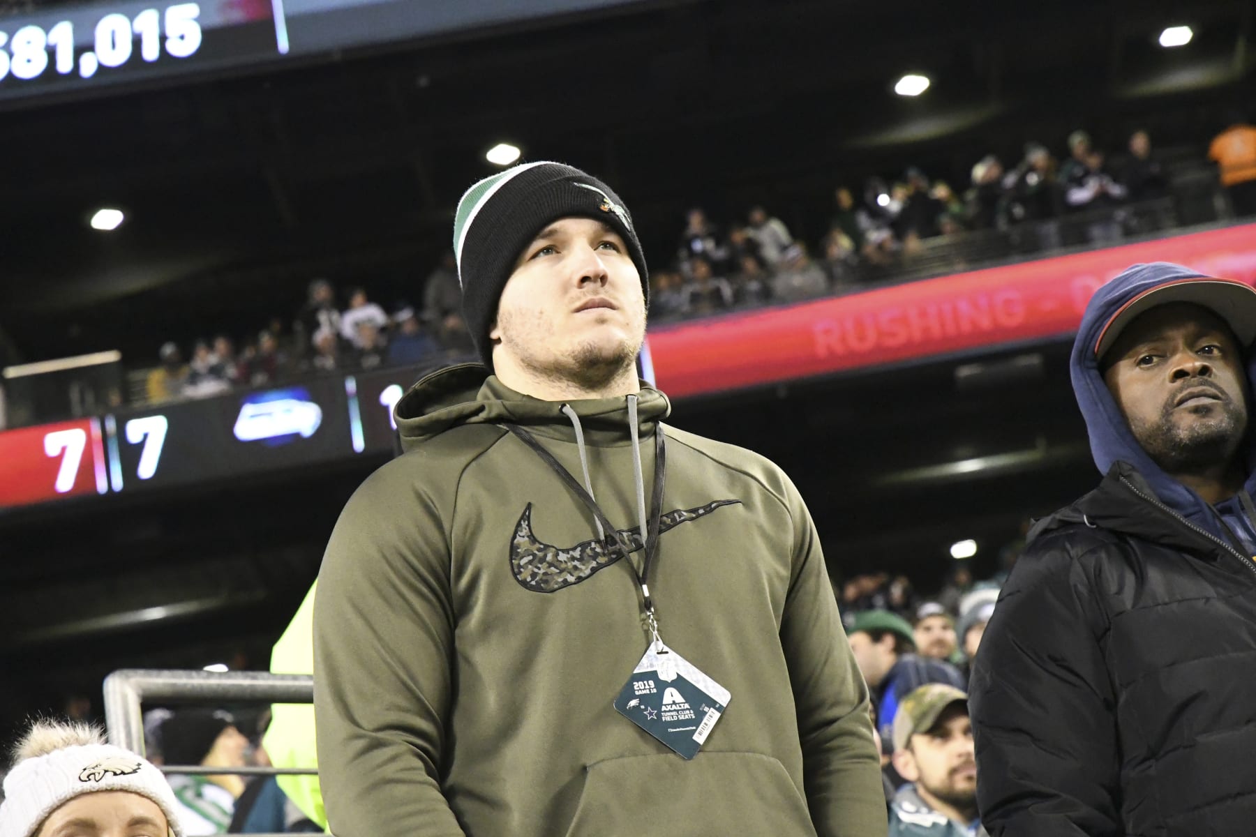 PHILADELPHIA, PA - DECEMBER 22: California Angels Mike Trout takes in a game during the game between the Dallas Cowboys and the Philadelphia Eagle on December 22, 2019, at Lincoln Financial Filed in Philadelphia, PA. (Photo by Andy Lewis/Icon Sportswire via Getty Images)