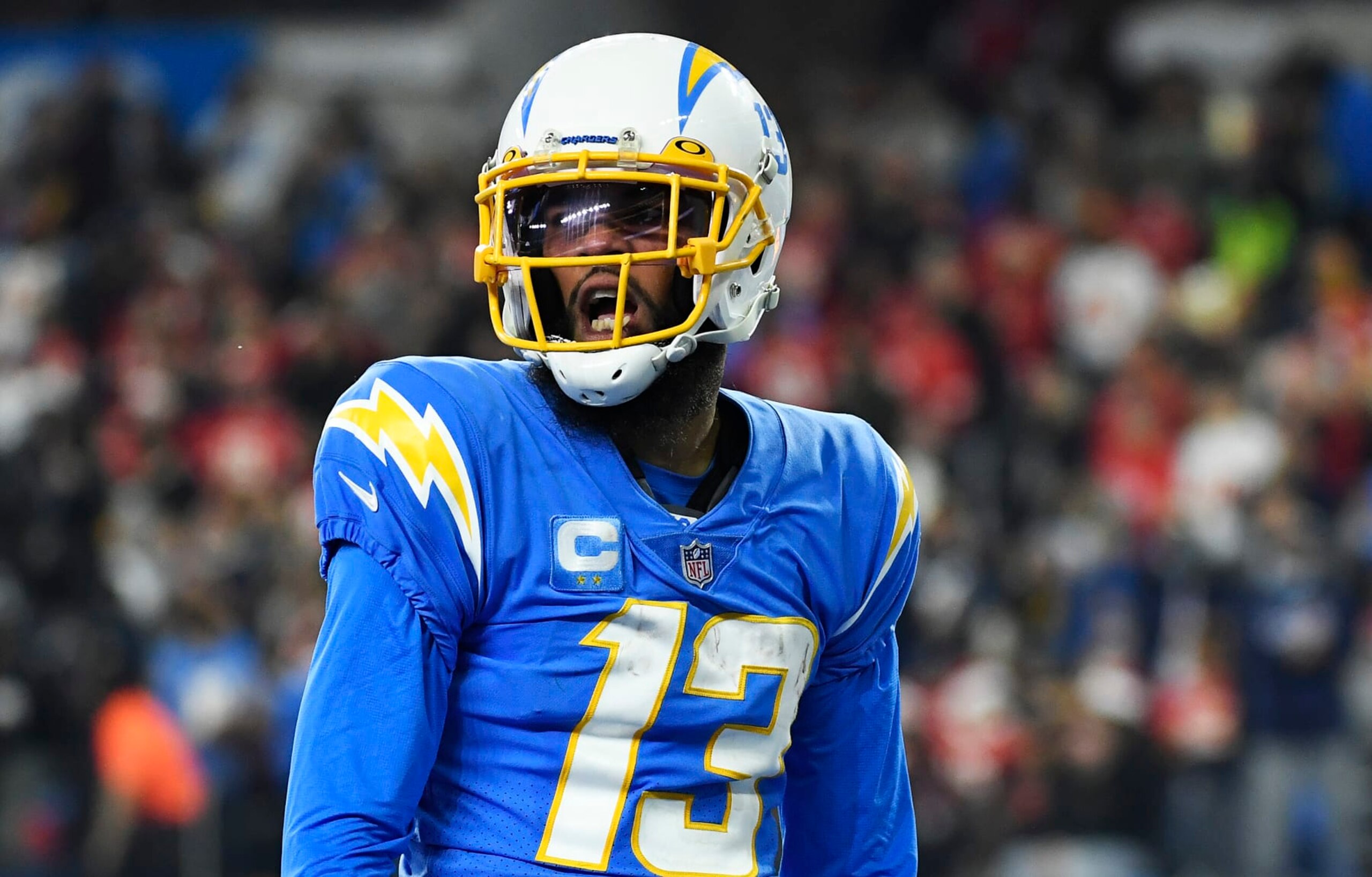 INGLEWOOD, CALIFORNIA - DECEMBER 16: Keenan Allen #13 of the Los Angeles Chargers reacts after scoring a touchdown during the fourth quarter against the Kansas City Chiefs at SoFi Stadium on December 16, 2021 in Inglewood, California. (Photo by Kevork Djansezian/Getty Images)