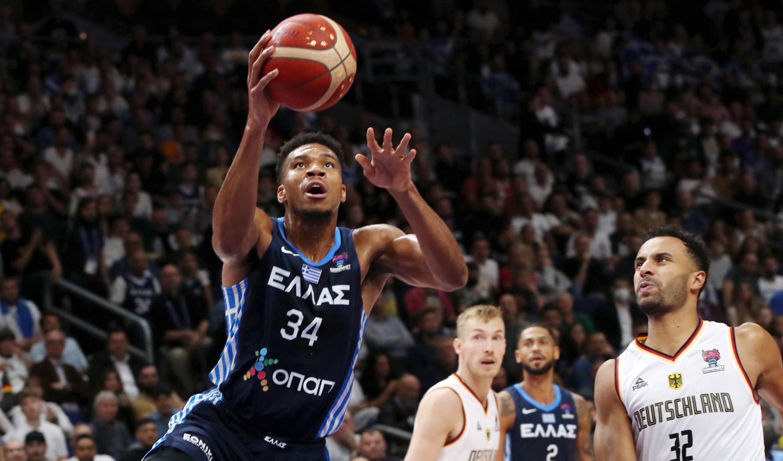 Greece's Giannis Antetokounmpo plays the ball during the FIBA Eurobasket 2022 Quarter Final basketball match between Germany and Greece in Berlin, on September 13, 2022. (Photo by Oliver Behrendt / AFP) (Photo by OLIVER BEHRENDT/AFP via Getty Images) Greece's Giannis Antetokounmpo plays the ball during the FIBA Eurobasket 2022 Quarter Final basketball match between Germany and Greece in Berlin, on September 13, 2022. (Photo by Oliver Behrendt / AFP) (Photo by OLIVER BEHRENDT/AFP via Getty Images)