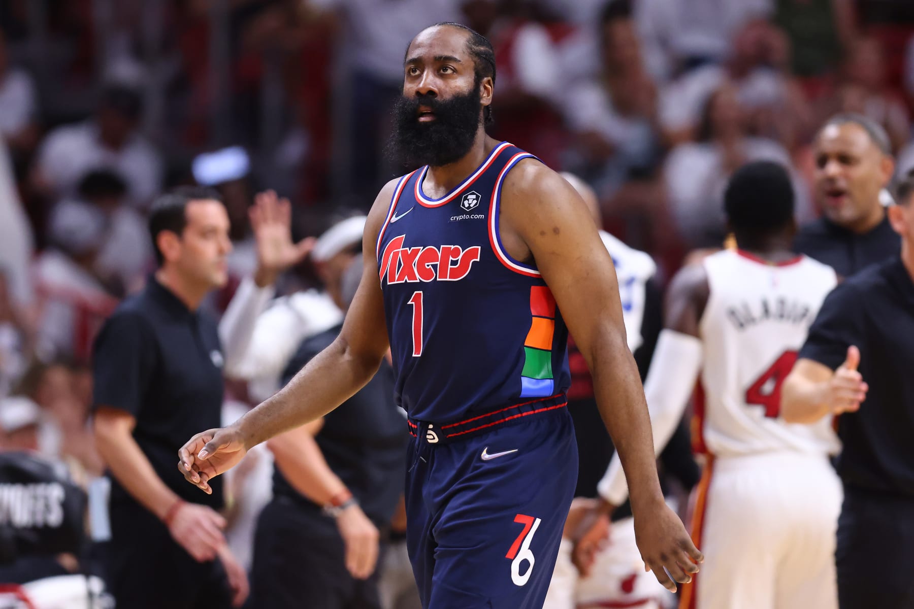MIAMI, FLORIDA - MAY 10: James Harden #1 of the Philadelphia 76ers reacts against the Miami Heat during the first half in Game Five of the Eastern Conference Semifinals at FTX Arena on May 10, 2022 in Miami, Florida. NOTE TO USER: User expressly acknowledges and agrees that, by downloading and or using this photograph, User is consenting to the terms and conditions of the Getty Images License Agreement.  (Photo by Michael Reaves/Getty Images)