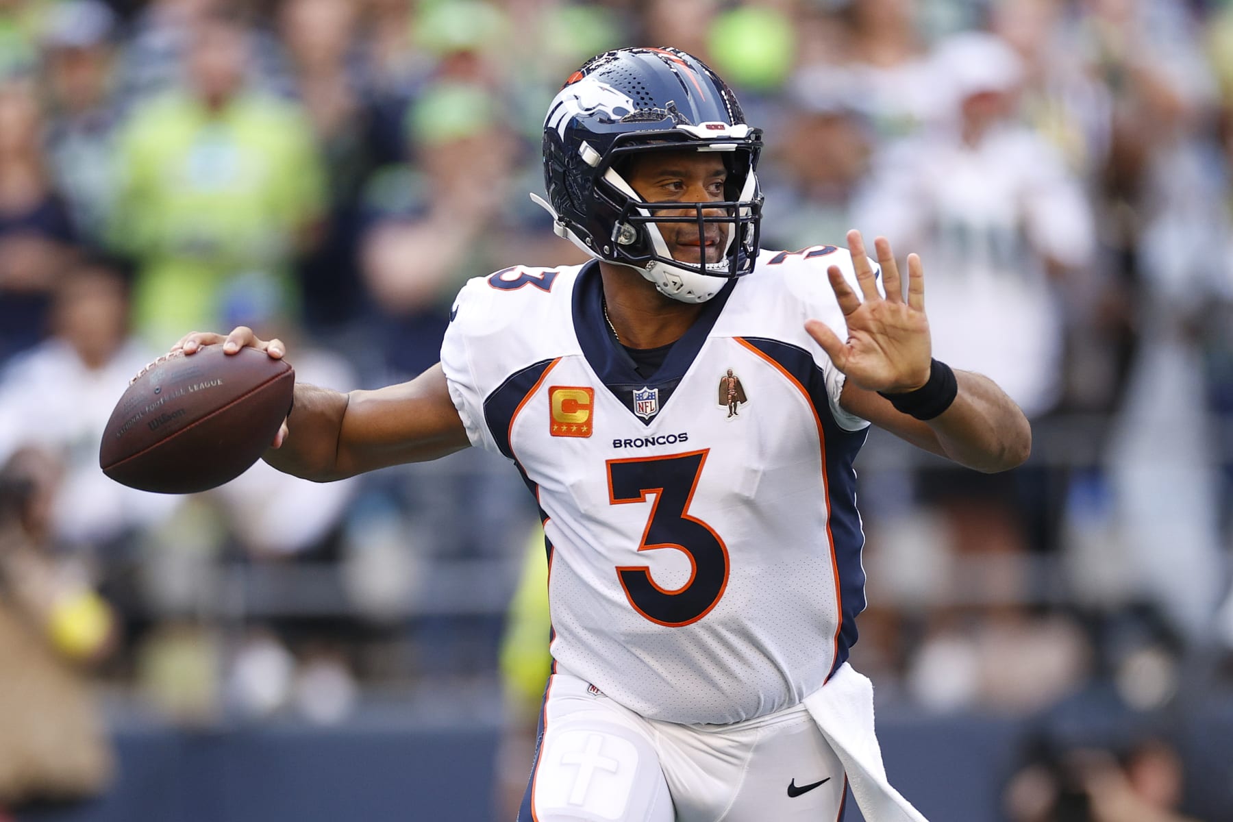 SEATTLE, WASHINGTON - SEPTEMBER 12: Russell Wilson #3 of the Denver Broncos passes during the first quarter against the Seattle Seahawks at Lumen Field on September 12, 2022 in Seattle, Washington. (Photo by Steph Chambers/Getty Images)
