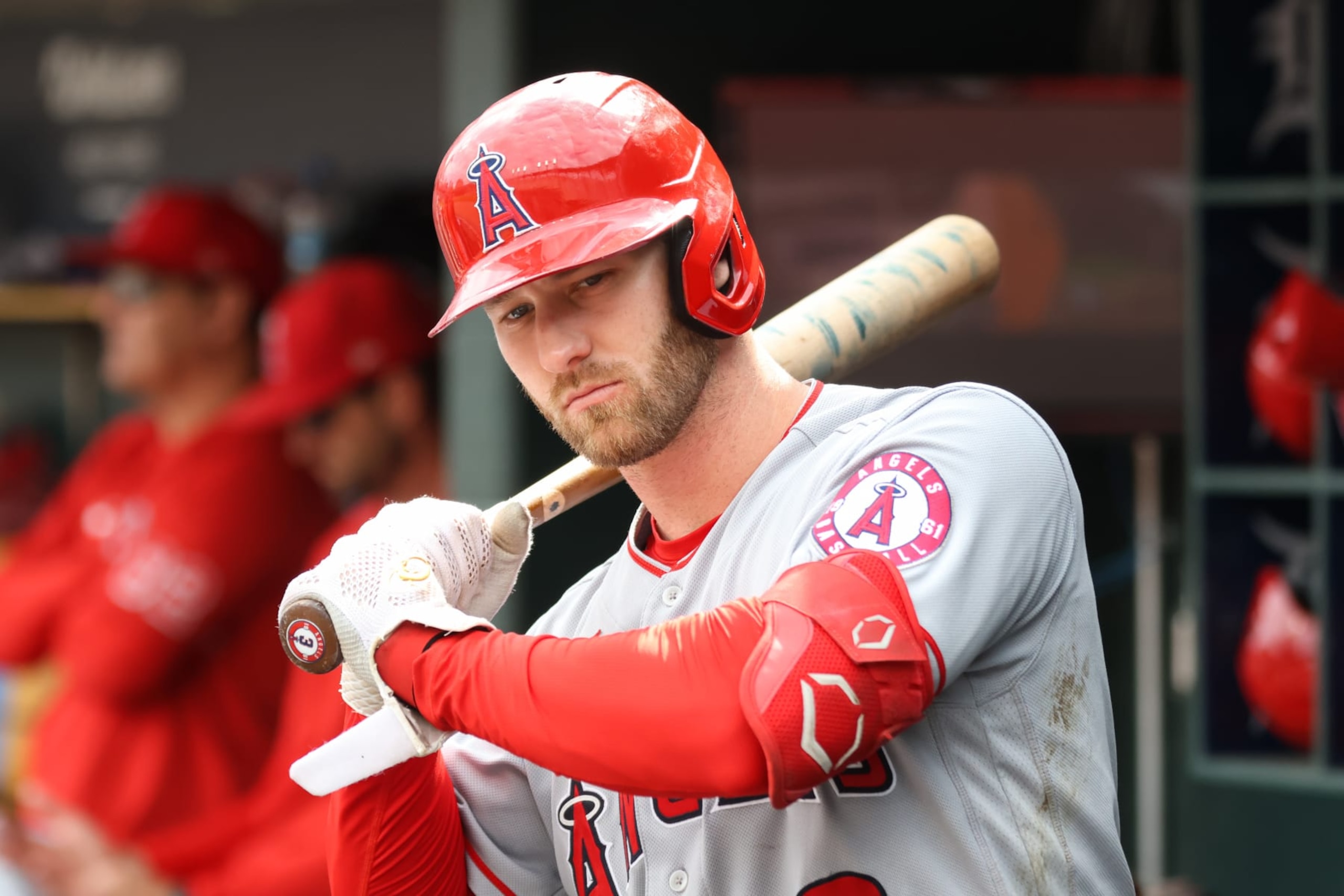 DETROIT, MI - AUGUST 21:  California Angels right fielder Taylor Ward (3) takes practice swings in the dugout during a regular season Major League Baseball game between the California Angels and the Detroit Tigers on August 21, 2022 at Comerica Park in Detroit, Michigan. (Photo by Scott W. Grau/Icon Sportswire via Getty Images)