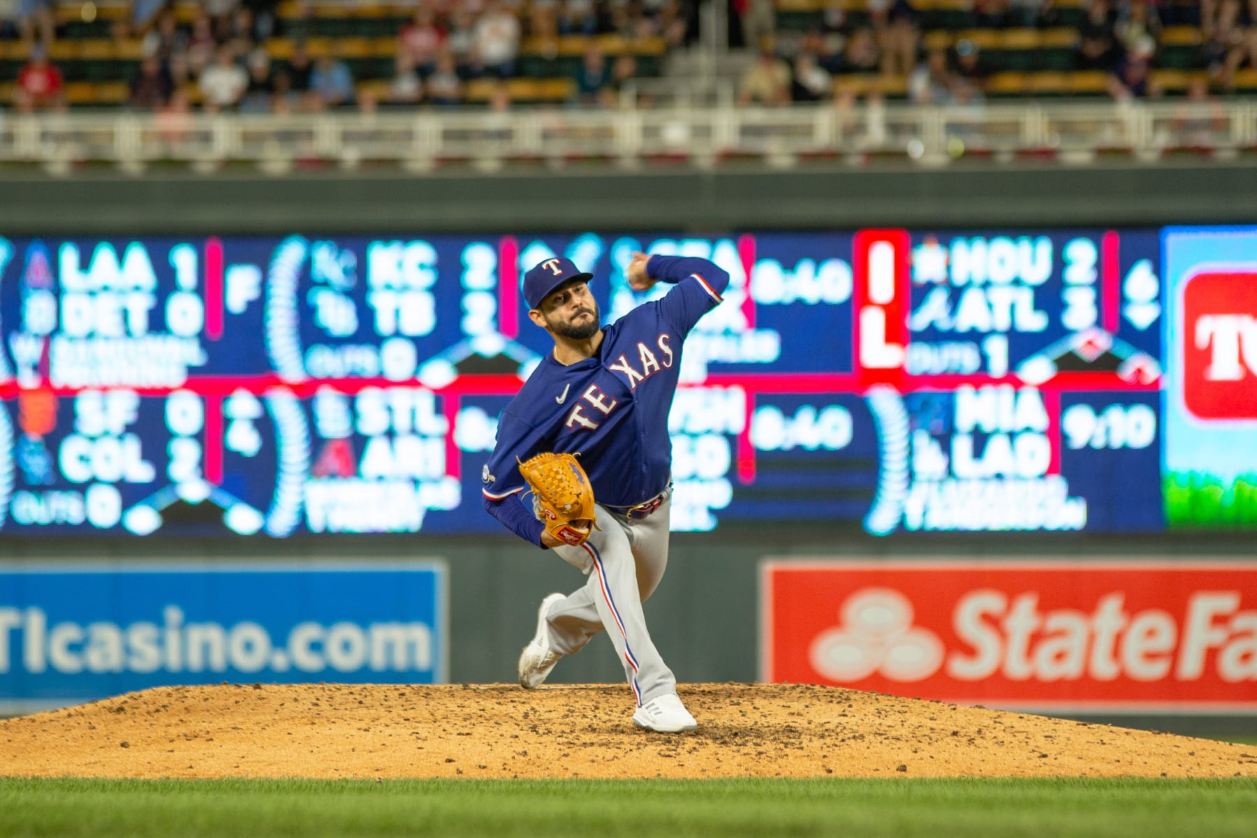 MINNEAPOLIS, MN - AUGUST 16: Texas Rangers starting pitcher Martín Pérez (54) delivers a pitch during the MLB game between the Texas Rangers and Minnesota Twins, on August 19th, 2022, at Target Field in Minneapolis, MN. (Photo by Bailey Hillesheim/Icon Sportswire via Getty Images)