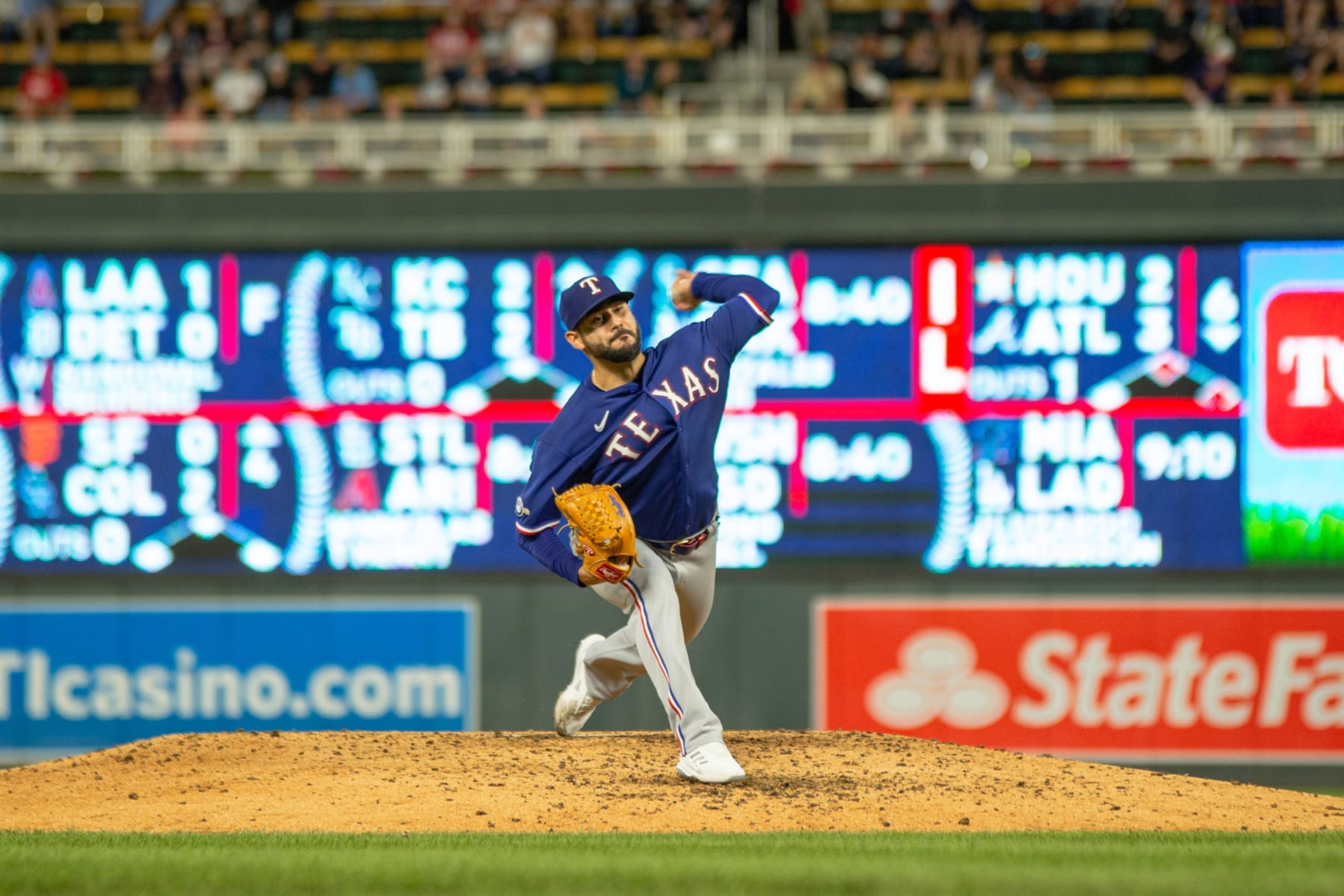 MINNEAPOLIS, MN - AUGUST 16: Texas Rangers starting pitcher Martín Pérez (54) delivers a pitch during the MLB game between the Texas Rangers and Minnesota Twins, on August 19th, 2022, at Target Field in Minneapolis, MN. (Photo by Bailey Hillesheim/Icon Sportswire via Getty Images)