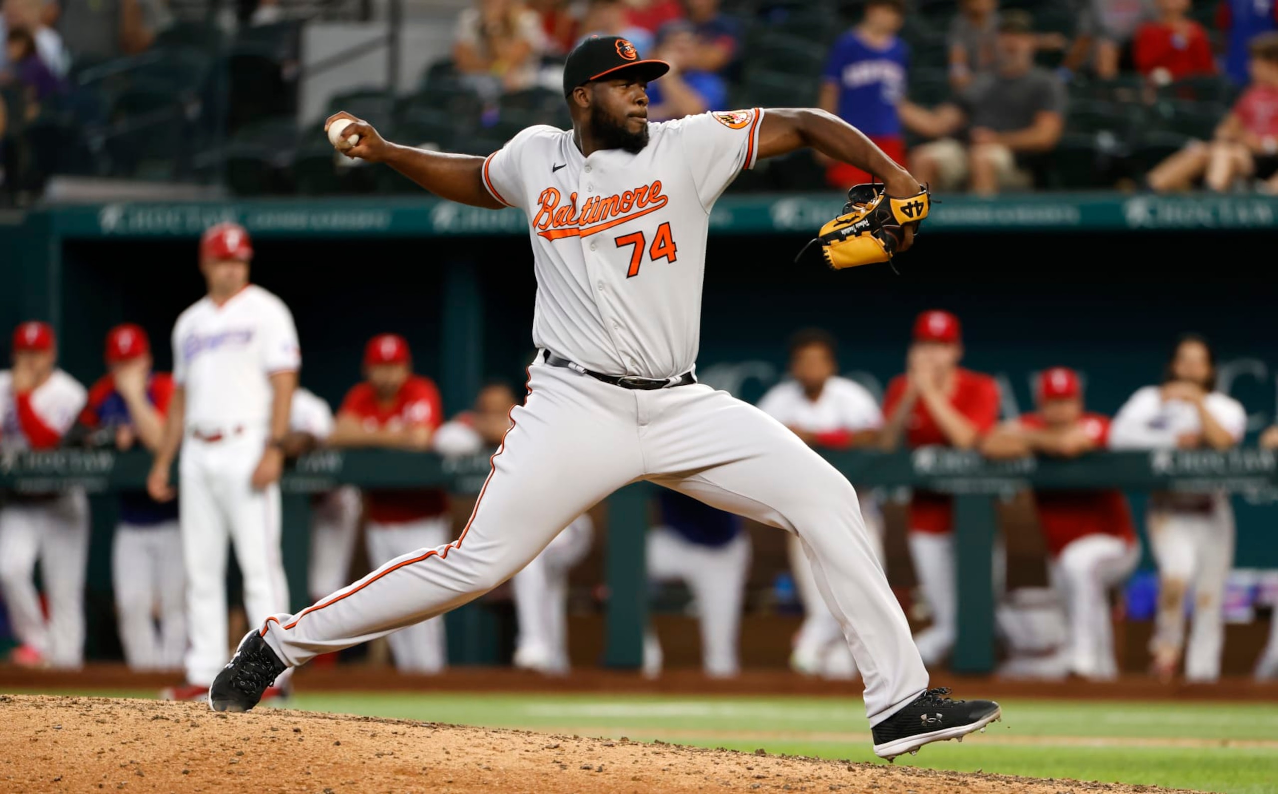 ARLINGTON, TX - AUGUST 3: Felix Bautista #74 of the Baltimore Orioles pitches against the Texas Rangers during the ninth inning at Globe Life Field on August 3, 2022 in Arlington, Texas. The Orioles won 6-3. (Photo by Ron Jenkins/Getty Images)