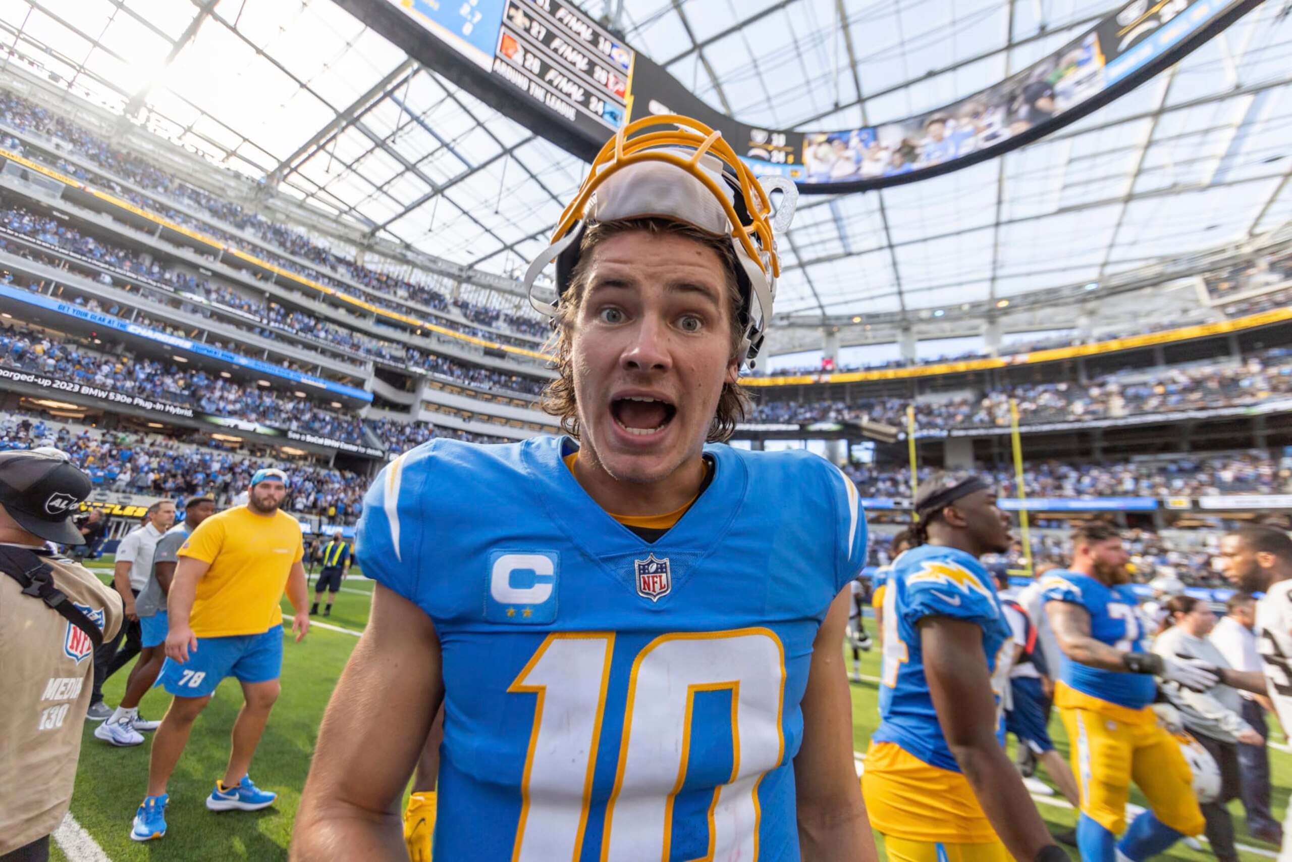 Quarterback (10) Justin Herbert of the Los Angeles Chargers after the Chargers defeat the Raiders 24-19 in an NFL football game, Sunday, Sept. 11, 2022, in Inglewood, Calif. (AP Photo/Jeff Lewis)