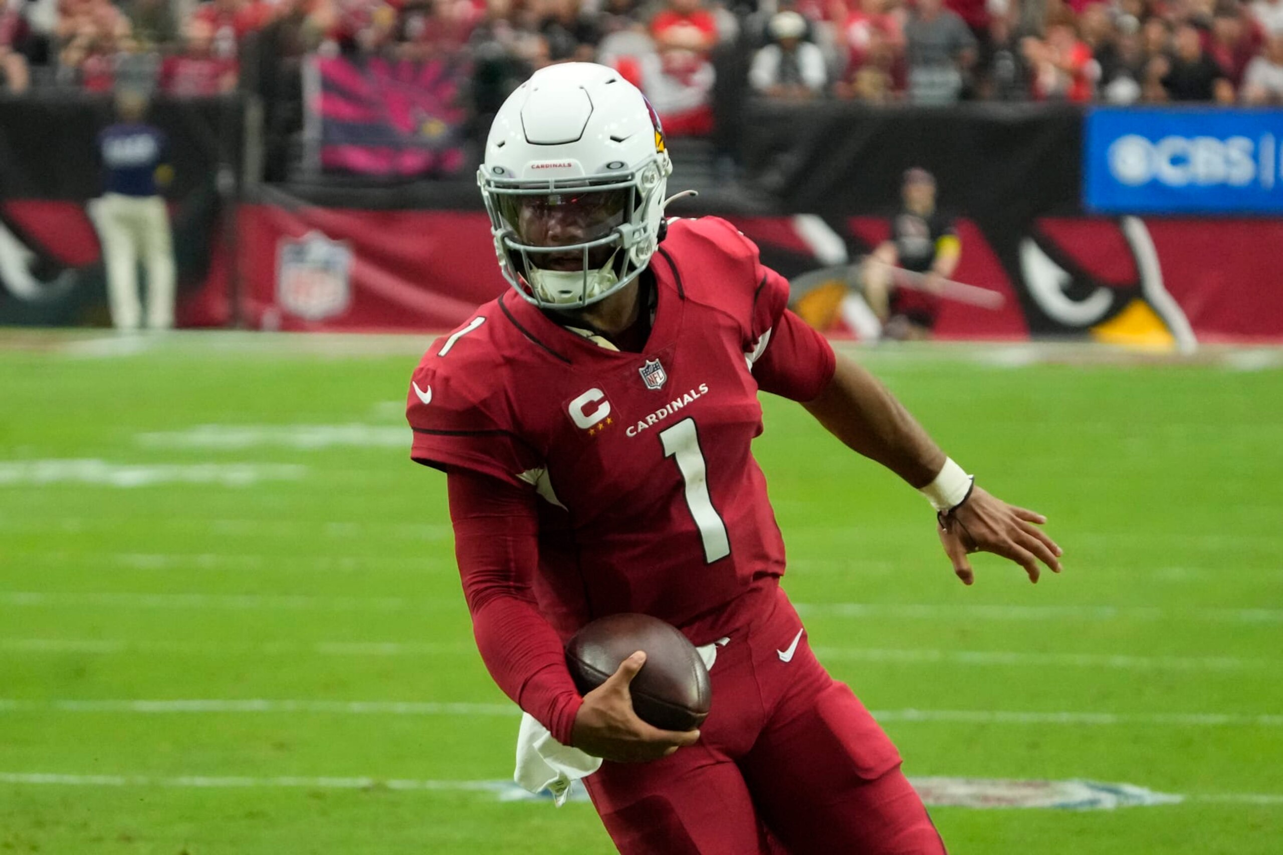 Arizona Cardinals quarterback Kyler Murray (1) runs the ball during the first half of an NFL football game against the Kansas City Chiefs, Sunday, Sept. 11, 2022, in Glendale, Ariz. (AP Photo/Rick Scuteri)
