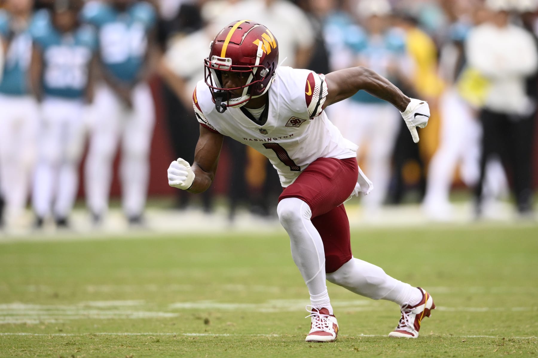 Washington Commanders wide receiver Jahan Dotson (1) in action during the first half of a NFL football game against the Jacksonville Jaguars, Sunday, Sept. 11, 2022, in Landover, Md. (AP Photo/Nick Wass)