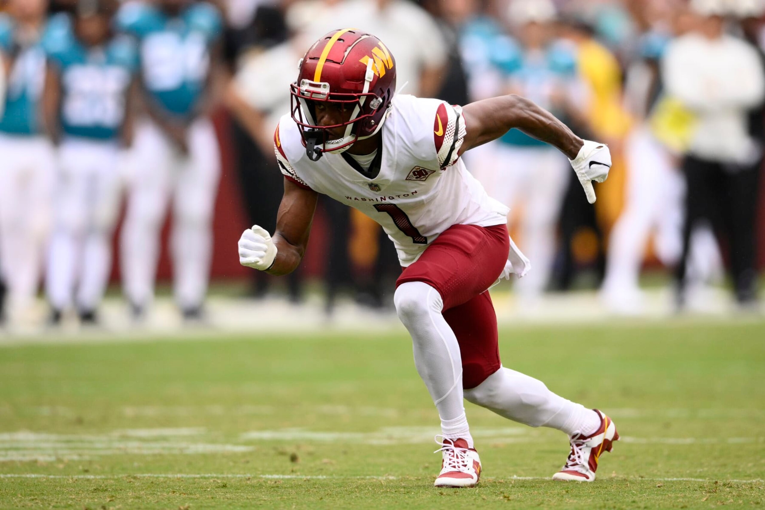 Washington Commanders wide receiver Jahan Dotson (1) in action during the first half of a NFL football game against the Jacksonville Jaguars, Sunday, Sept. 11, 2022, in Landover, Md. (AP Photo/Nick Wass)