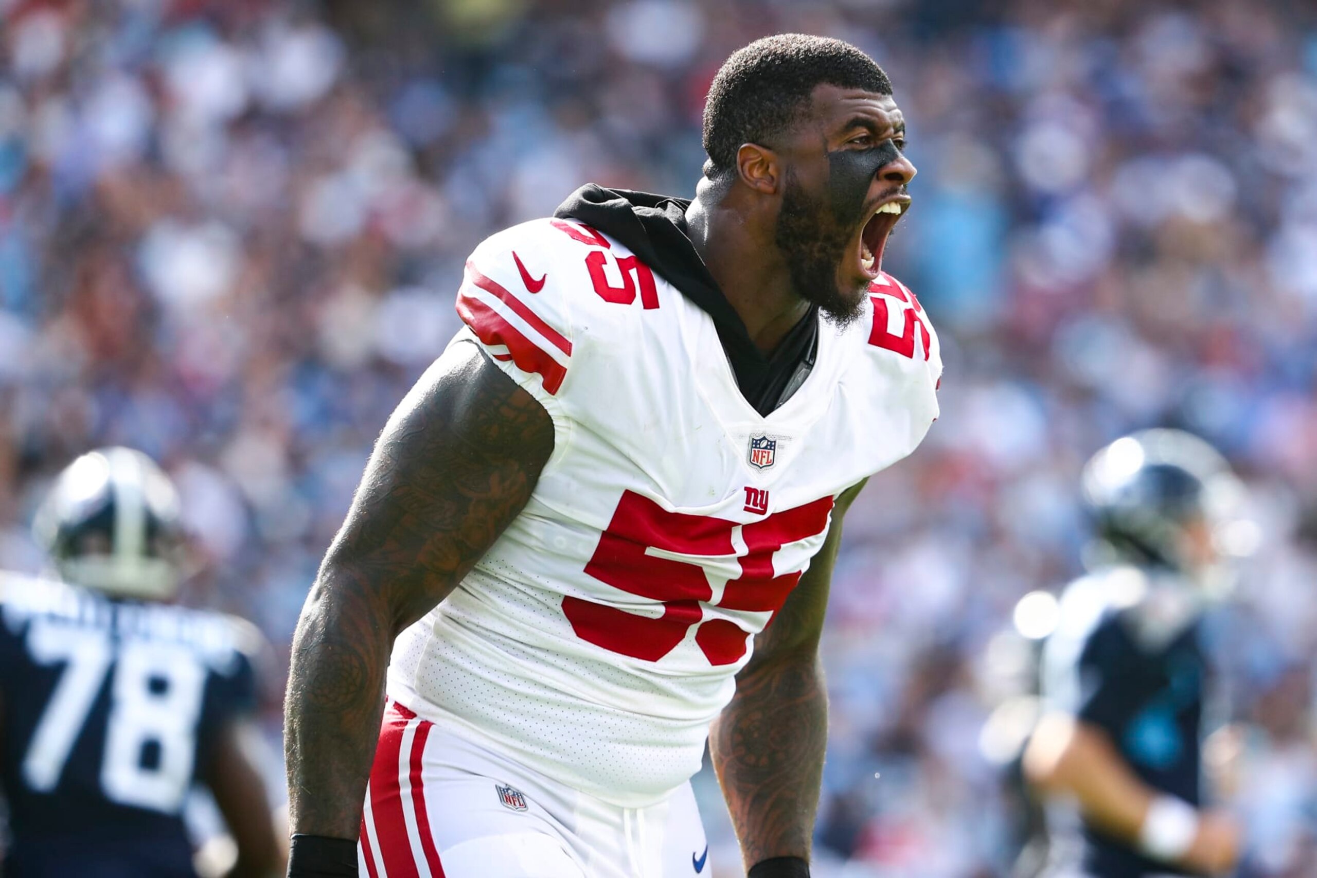 NASHVILLE, FL - SEPTEMBER 11: Jihad Ward #55 of the New York Giants celebrates after a play in the first half during an NFL football game against the Tennessee Titans at Nissan Stadium on September 11, 2022 in Nashville, Tennessee. (Photo by Kevin Sabitus/Getty Images) NASHVILLE, FL - SEPTEMBER 11: Jihad Ward #55 of the New York Giants celebrates after a play in the first half during an NFL football game against the Tennessee Titans at Nissan Stadium on September 11, 2022 in Nashville, Tennessee. (Photo by Kevin Sabitus/Getty Images)