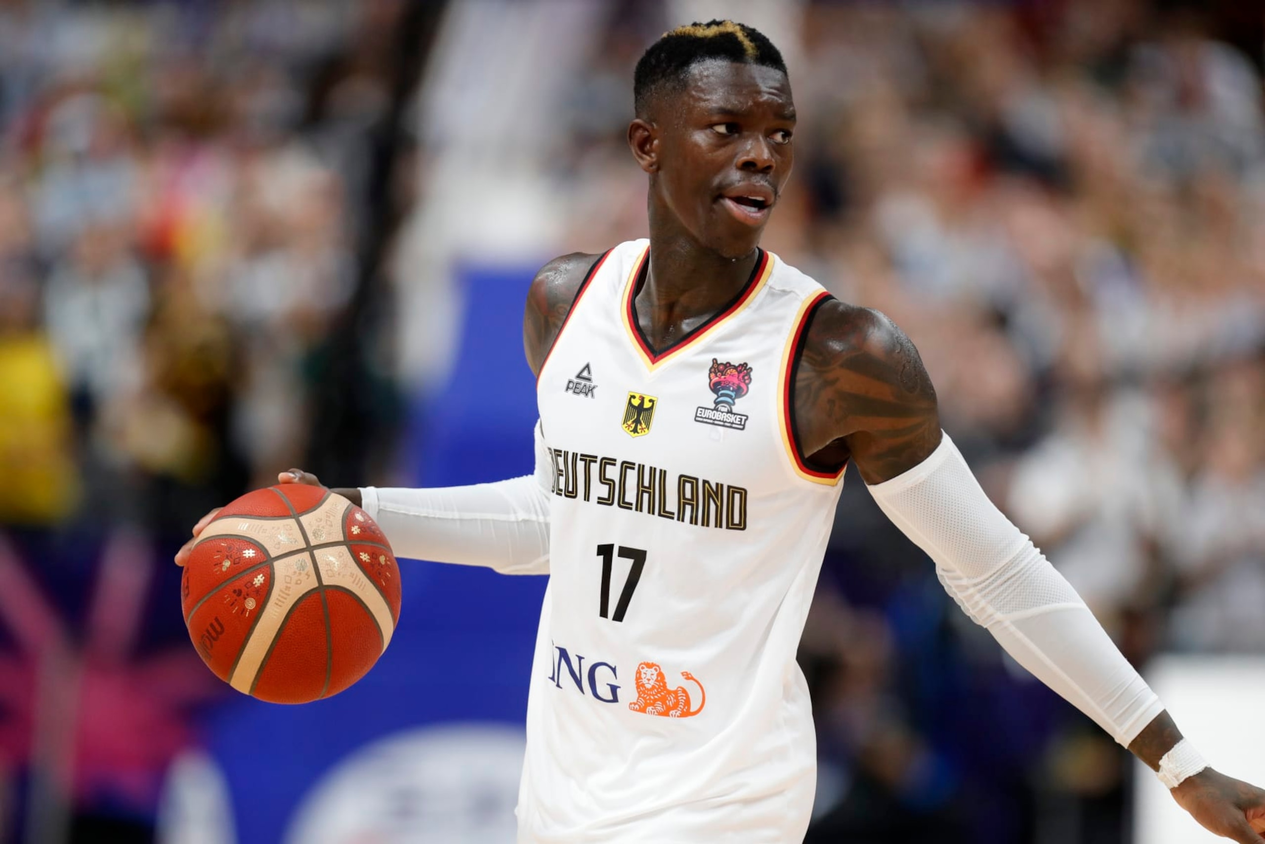 BERLIN, GERMANY - SEPTEMBER 13: Dennis Schroeder of Germany during the FIBA EuroBasket 2022 quarterfinal match between Germany and Greece at EuroBasket Arena Berlin on September 13, 2022 in Berlin, Germany. (Photo by Pedja Milosavljevic/DeFodi Images via Getty Images) BERLIN, GERMANY - SEPTEMBER 13: Dennis Schroeder of Germany during the FIBA EuroBasket 2022 quarterfinal match between Germany and Greece at EuroBasket Arena Berlin on September 13, 2022 in Berlin, Germany. (Photo by Pedja Milosavljevic/DeFodi Images via Getty Images)