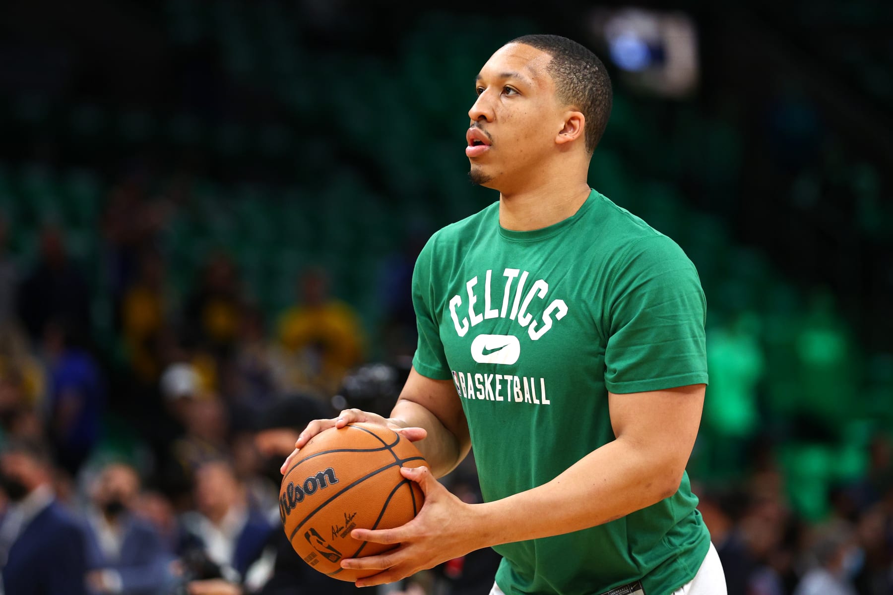 BOSTON, MASSACHUSETTS - JUNE 16: Grant Williams #12 of the Boston Celtics warms up prior to Game Six of the 2022 NBA Finals against the Golden State Warriors at TD Garden on June 16, 2022 in Boston, Massachusetts. NOTE TO USER: User expressly acknowledges and agrees that, by downloading and/or using this photograph, User is consenting to the terms and conditions of the Getty Images License Agreement. (Photo by Elsa/Getty Images)