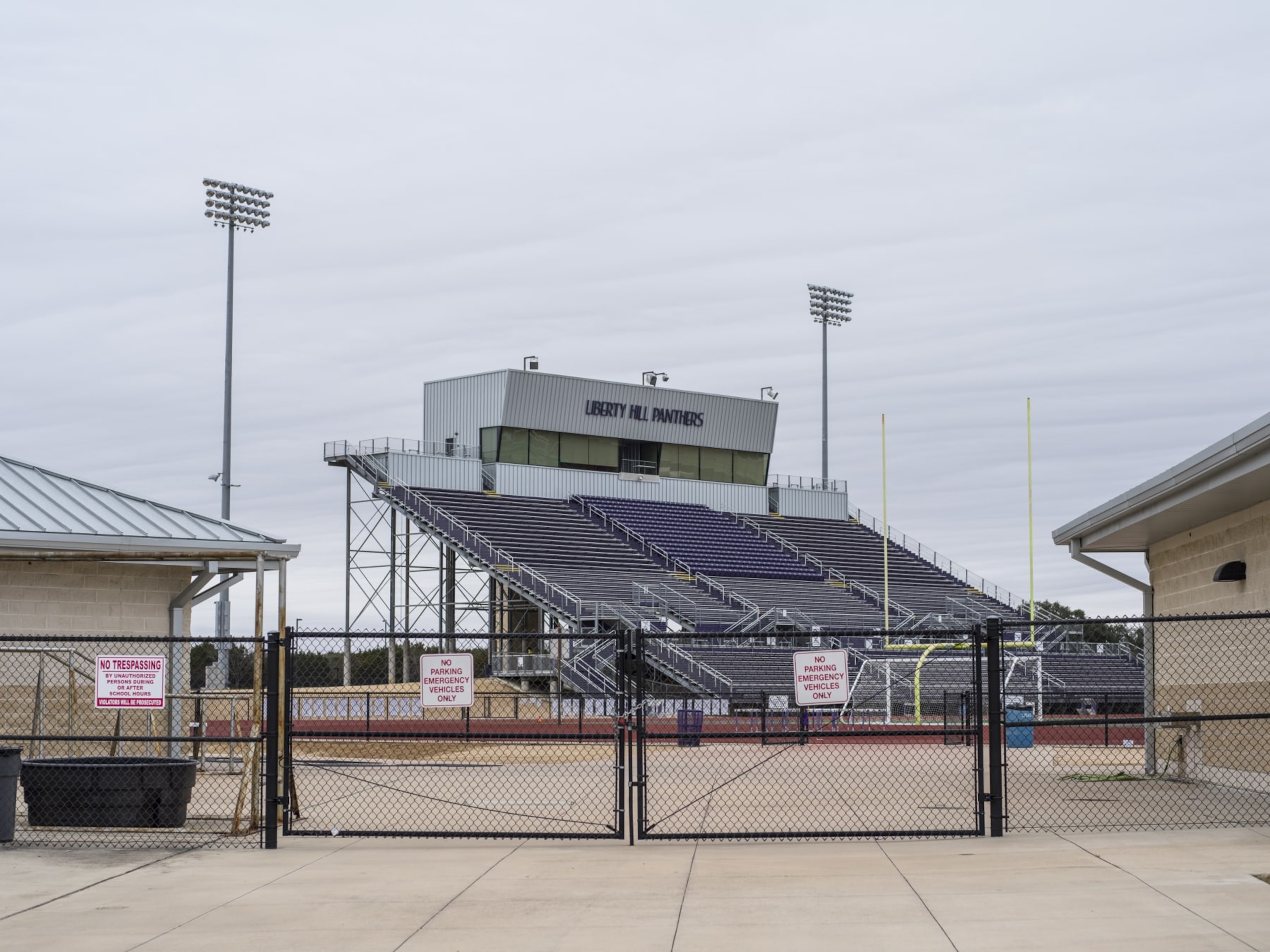 An empty football field at Liberty Hill Independent School District high school while temporarily closed due to staff shortages in Liberty Hill, Texas, U.S., on Thursday, Jan. 20, 2022. Some Central Texas school districts were forced to close all campuses on Thursday and Friday due to staff shortages cause by Covid-19, reported NBC-affiliated KXAN-TV. Photographer: Matthew Busch/Bloomberg via Getty Images