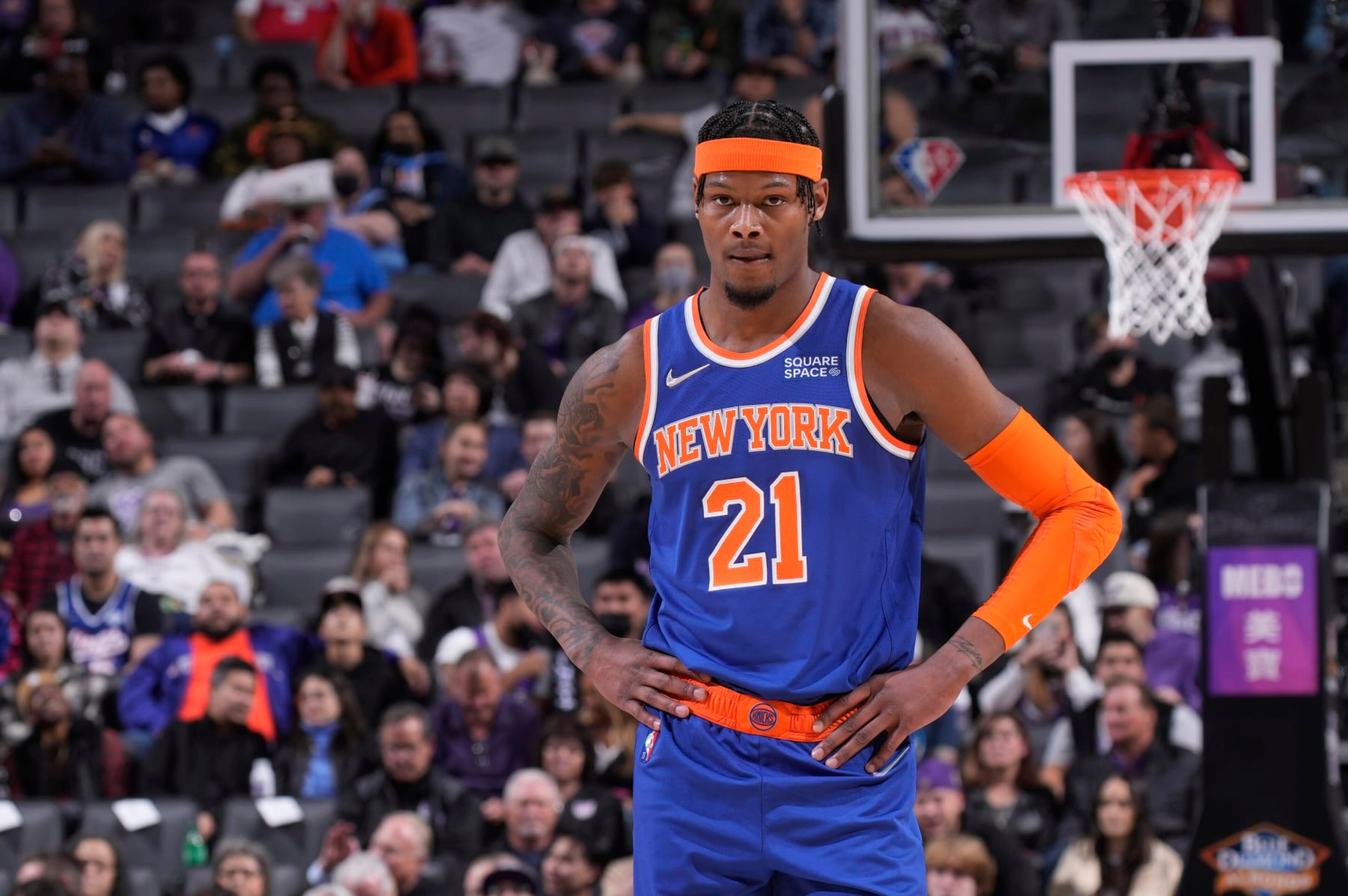 SACRAMENTO, CA - MARCH 7: Cam Reddish #21 of the New York Knicks looks on during the game against the Sacramento Kings on March 7, 2022 at Golden 1 Center in Sacramento, California. NOTE TO USER: User expressly acknowledges and agrees that, by downloading and or using this photograph, User is consenting to the terms and conditions of the Getty Images Agreement. Mandatory Copyright Notice: Copyright 2022 NBAE (Photo by Rocky Widner/NBAE via Getty Images)
