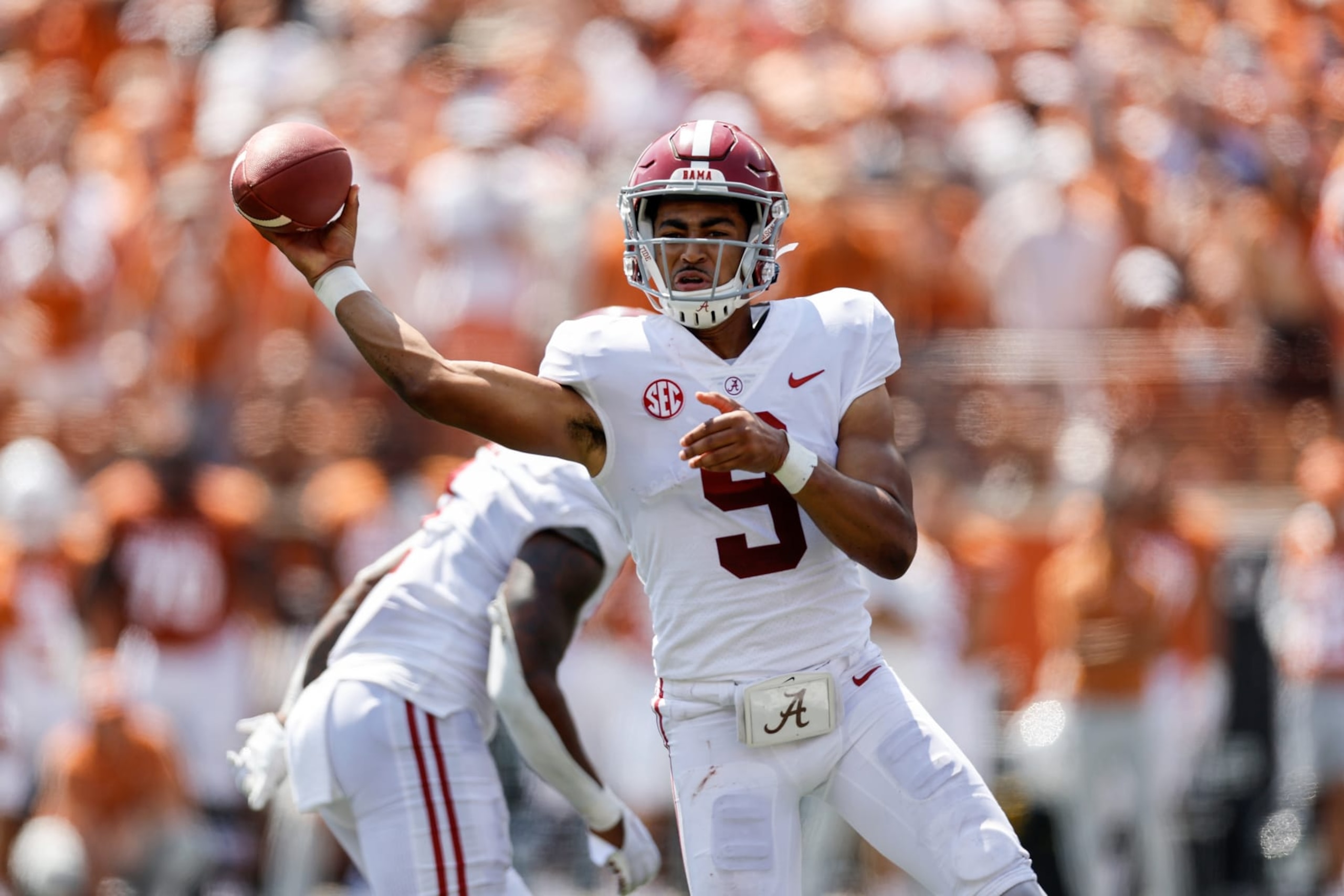 AUSTIN, TEXAS - SEPTEMBER 10: Bryce Young #9 of the Alabama Crimson Tide throws a pass in the second half against the Texas Longhorns at Darrell K Royal-Texas Memorial Stadium on September 10, 2022 in Austin, Texas. (Photo by Tim Warner/Getty Images)