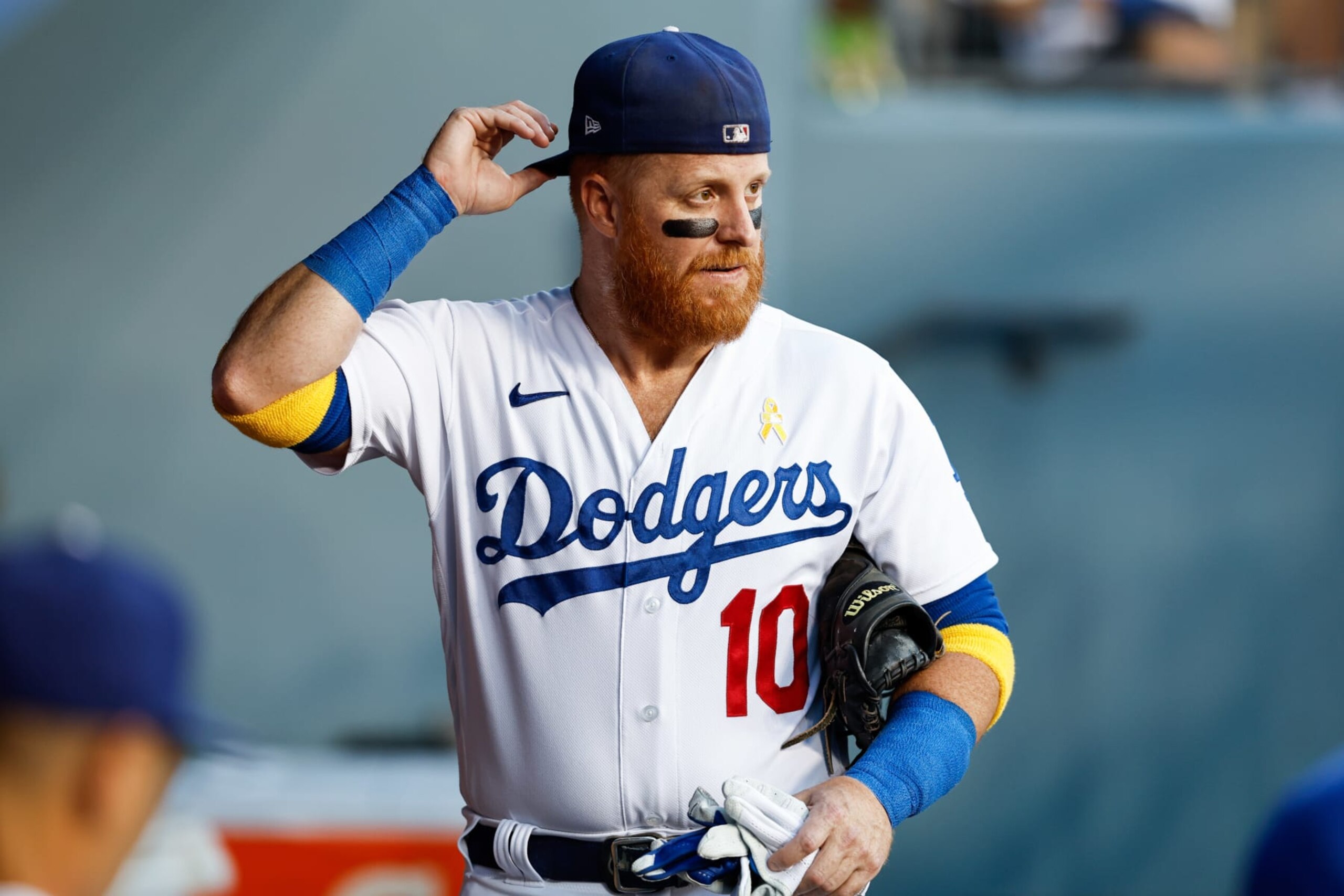 LOS ANGELES, CA - SEPTEMBER 02:   Justin Turner #10 of the Los Angeles Dodgers looks on before the game between the San Diego Padres and the Los Angeles Dodgers at Dodgers Stadium on Friday, September 2, 2022 in Los Angeles, California. (Photo by Michael Owens/MLB Photos via Getty Images)