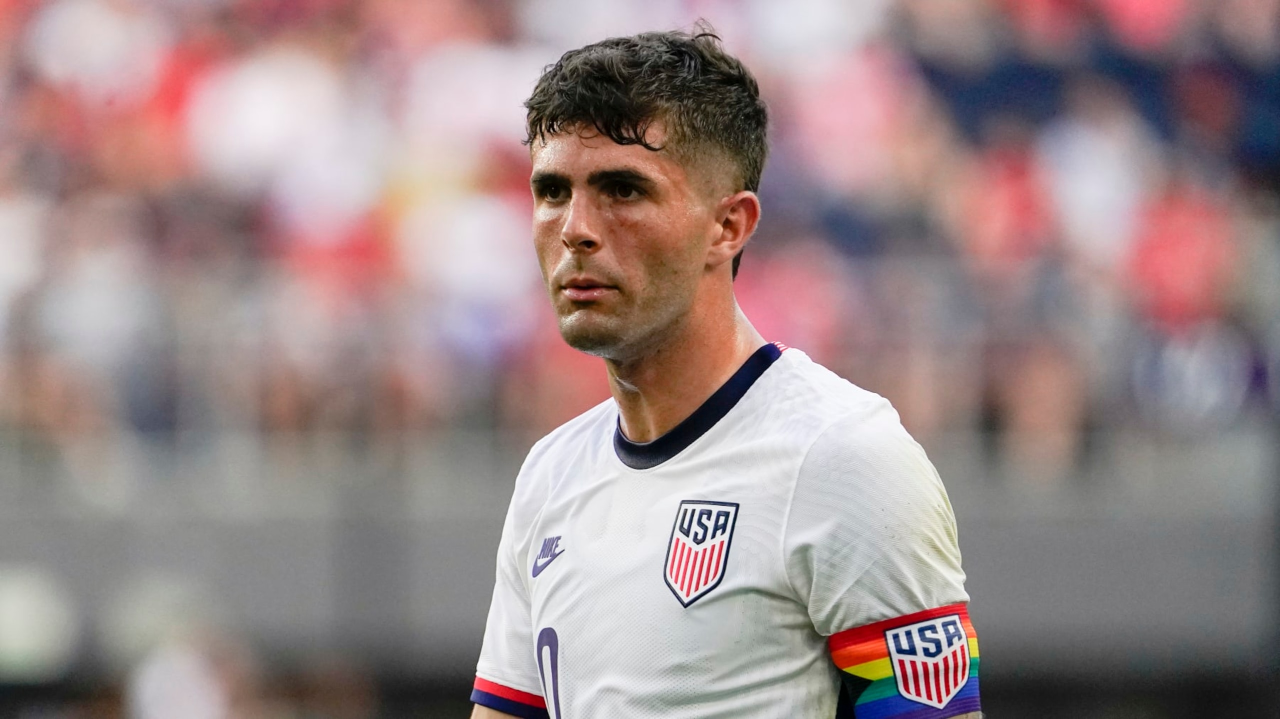 United States forward Christian Pulisic plays during the first half of a friendly soccer match against Morocco, Wednesday, June 1, 2022, in Cincinnati. (AP Photo/Jeff Dean)