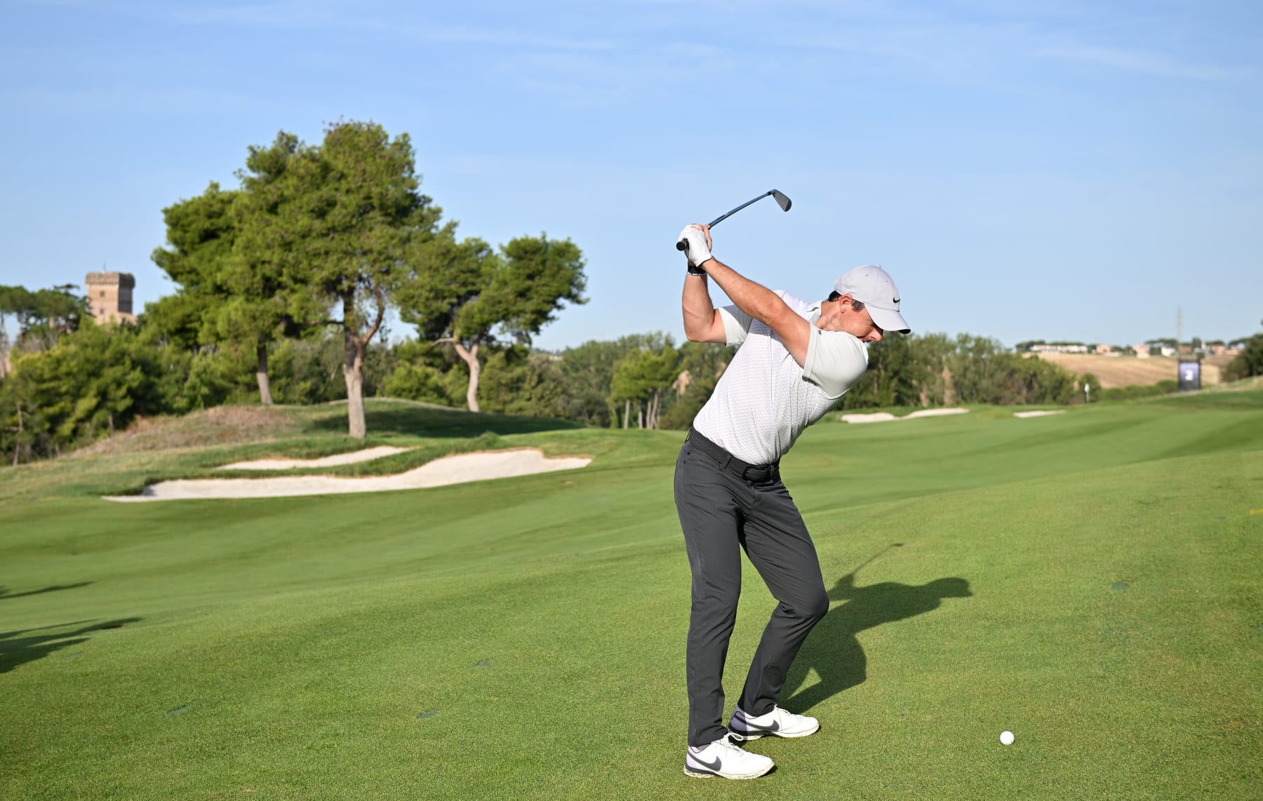 ROME, ITALY - SEPTEMBER 14: Rory McIlroy of Northern Ireland plays a shot during the pro-am prior to the DS Automobiles Italian Open 2022 at Marco Simone Golf Club on September 14, 2022 in Rome, Italy. (Photo by Stuart Franklin/Getty Images)