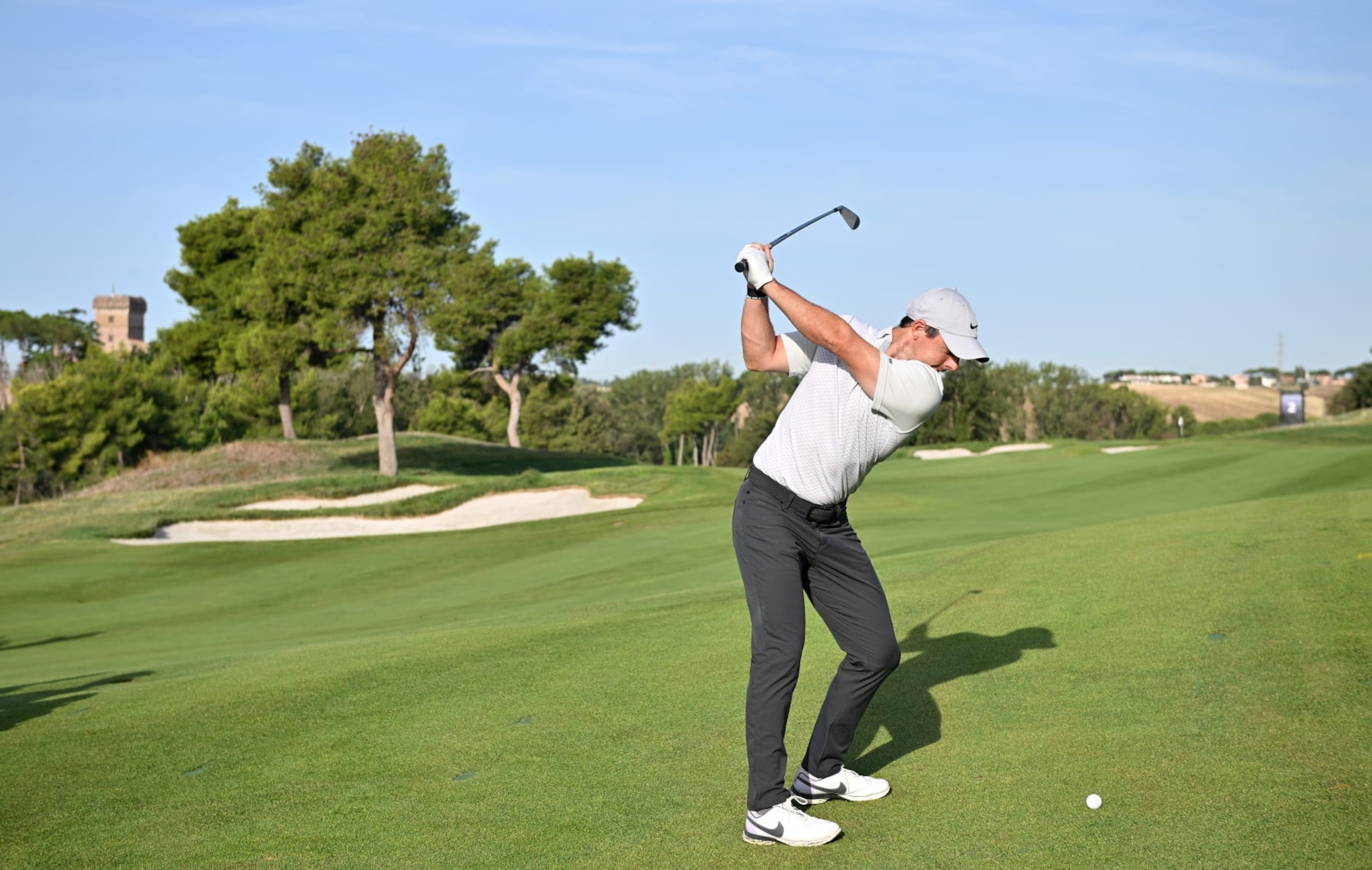 ROME, ITALY - SEPTEMBER 14: Rory McIlroy of Northern Ireland plays a shot during the pro-am prior to the DS Automobiles Italian Open 2022 at Marco Simone Golf Club on September 14, 2022 in Rome, Italy. (Photo by Stuart Franklin/Getty Images)