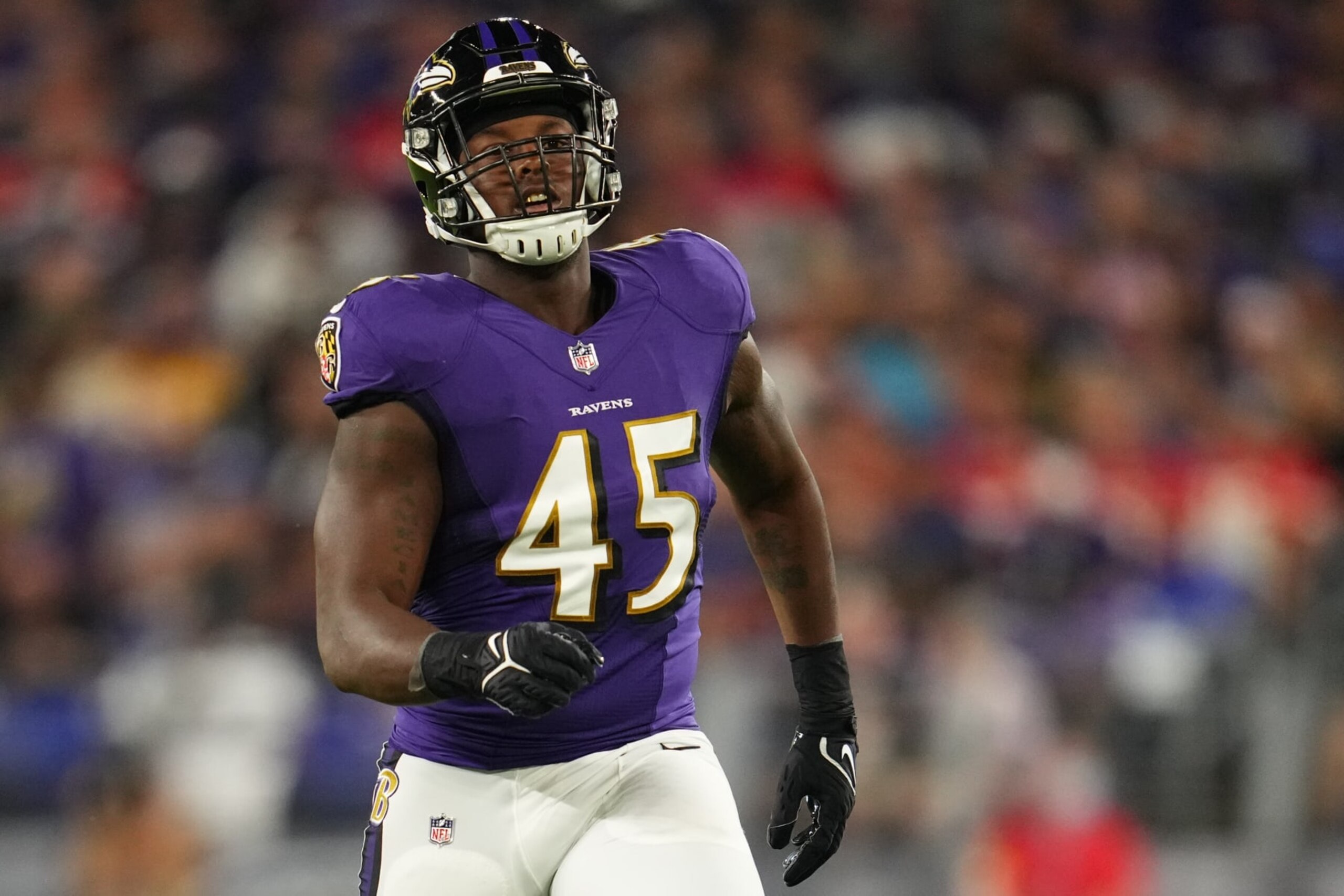 BALTIMORE, MARYLAND - SEPTEMBER 19: Jaylon Ferguson #45 of the Baltimore Ravens plays the field during an NFL game against the Kansas City Chiefs at M&T Bank Stadium on September 19, 2021 in Baltimore, Maryland. (Photo by Cooper Neill/Getty Images)