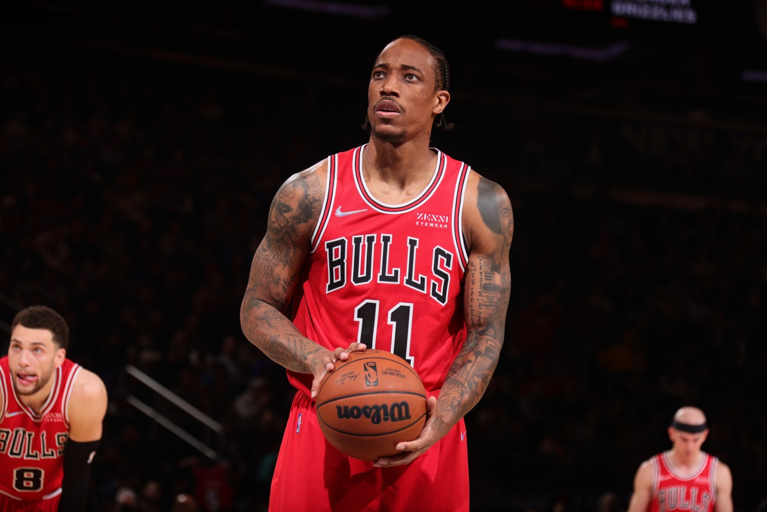 NEW YORK, NY - DECEMBER 2: DeMar DeRozan #11 of the Chicago Bulls shoots a free throw during the game against the New York Knicks on December 2, 2021 at Madison Square Garden in New York City, New York.  NOTE TO USER: User expressly acknowledges and agrees that, by downloading and or using this photograph, User is consenting to the terms and conditions of the Getty Images License Agreement. Mandatory Copyright Notice: Copyright 2021 NBAE  (Photo by Nathaniel S. Butler/NBAE via Getty Images)