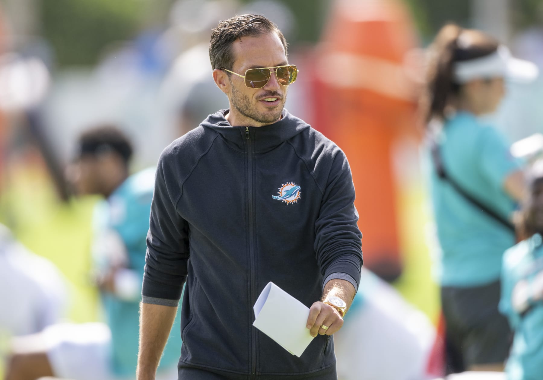 MIAMI GARDENS, FL - AUGUST 06: Miami Dolphins head coach Mike McDaniel walks among the players during a practice session at the Miami Dolphins training camp at Baptist Health Training Complex on August 6, 2022 in Miami Gardens, Florida. (Photo by Doug Murray/Icon Sportswire via Getty Images)