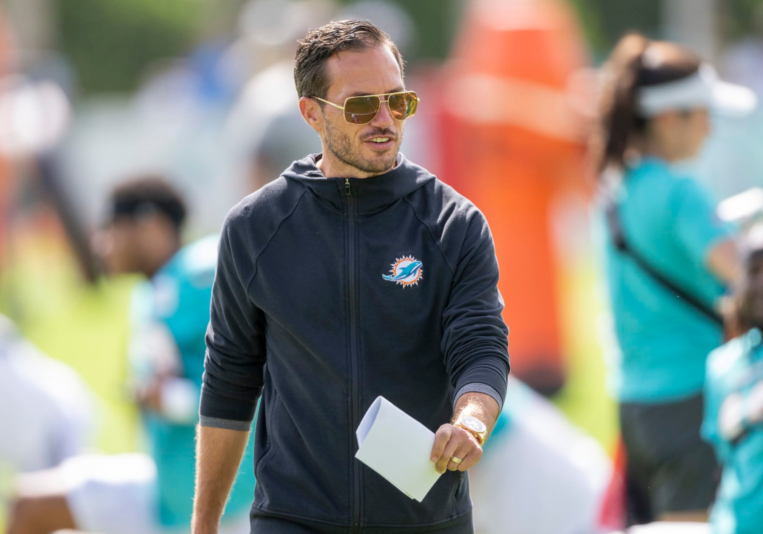 MIAMI GARDENS, FL - AUGUST 06: Miami Dolphins head coach Mike McDaniel walks among the players during a practice session at the Miami Dolphins training camp at Baptist Health Training Complex on August 6, 2022 in Miami Gardens, Florida. (Photo by Doug Murray/Icon Sportswire via Getty Images)