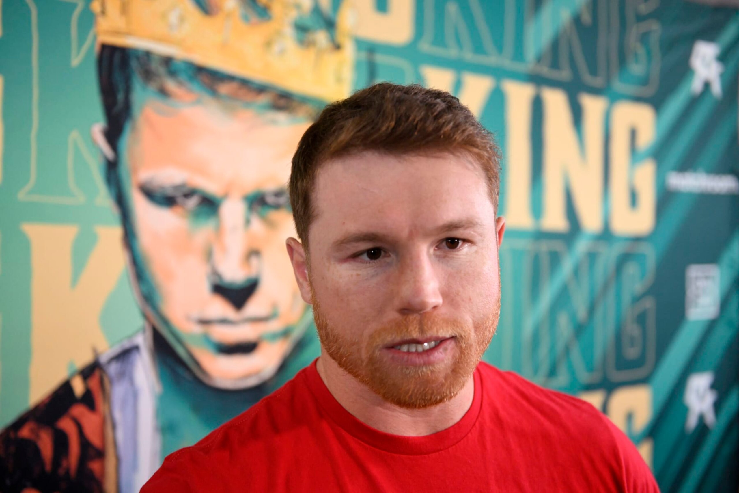 SAN DIEGO, CA - AUGUST 29: Canelo Alvarez does interviews before a media workout at the House of Boxing August 29, 2022 in San Diego, California. (Photo by Denis Poroy/Getty Images)