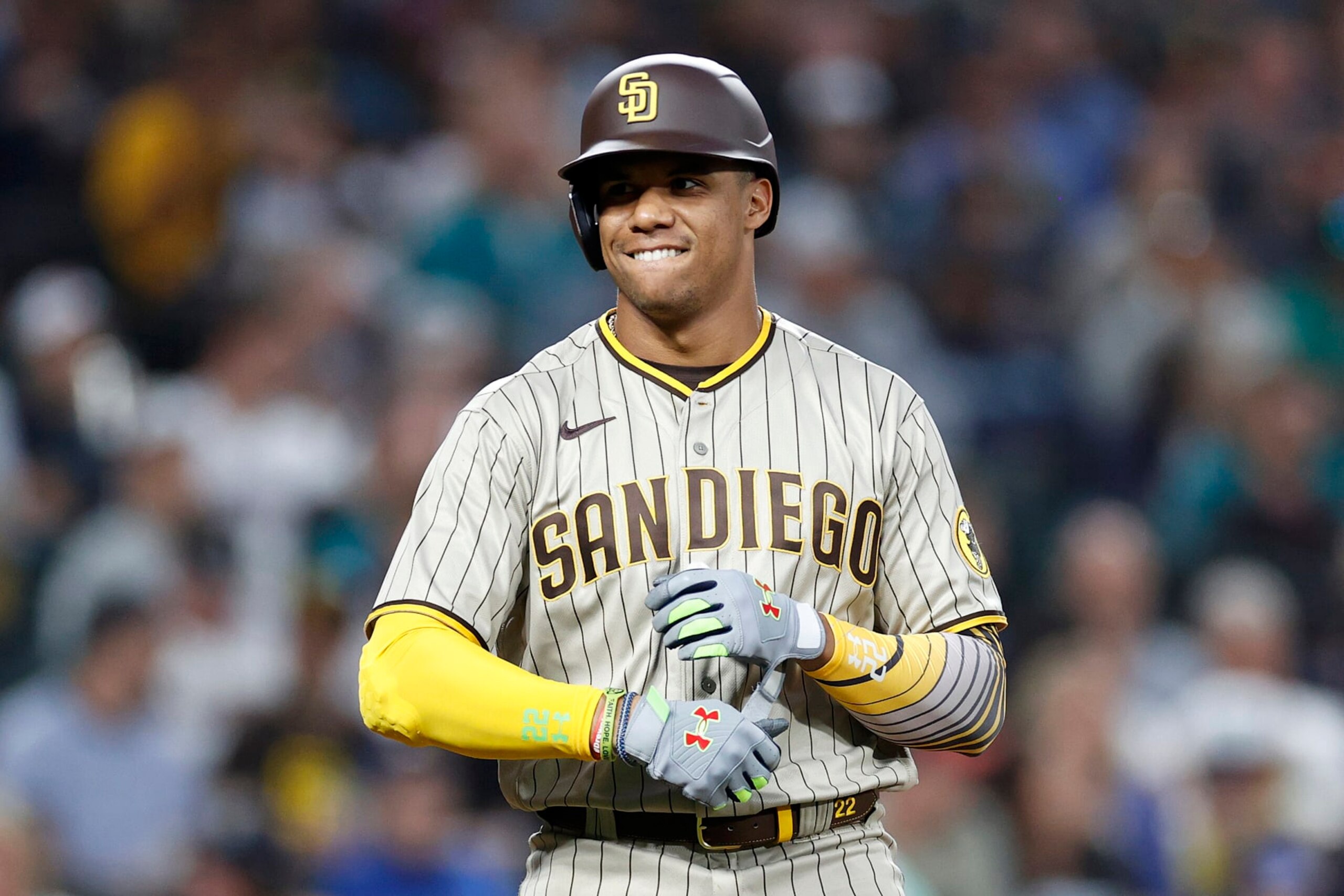 SEATTLE, WASHINGTON - SEPTEMBER 13: Juan Soto #22 of the San Diego Padres reacts as he is walked during the third inning against the Seattle Mariners at T-Mobile Park on September 13, 2022 in Seattle, Washington. (Photo by Steph Chambers/Getty Images)