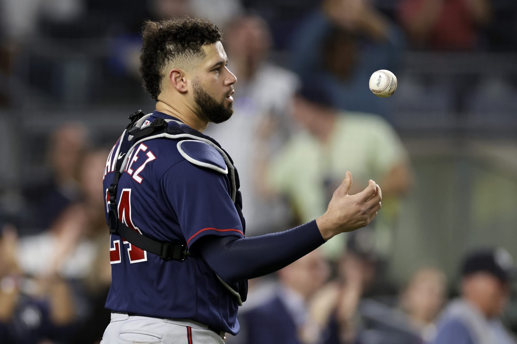 Minnesota Twins catcher Gary Sanchez (24) reacts during the eighth inning of the team's baseball game against the New York Yankees on Thursday, Sept. 8, 2022, in New York. (AP Photo/Adam Hunger)