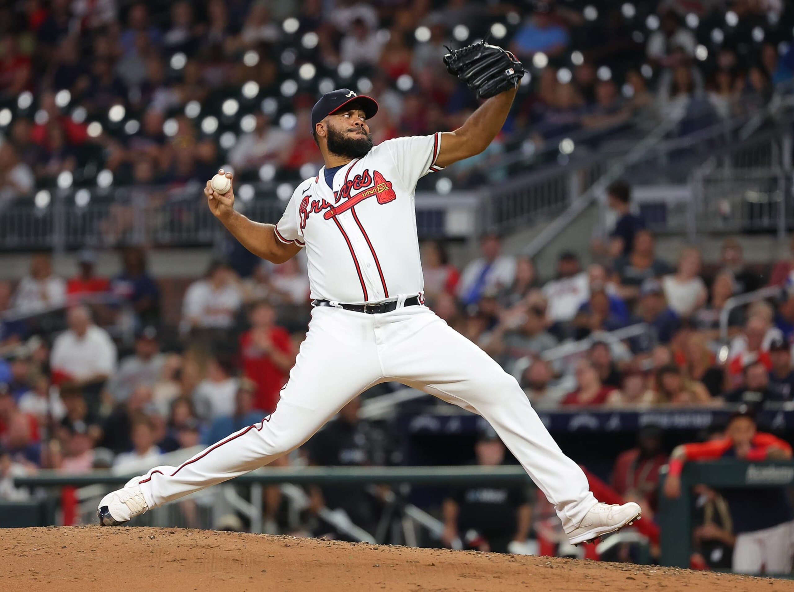 ATLANTA, GEORGIA - SEPTEMBER 01:  Kenley Jansen #74 of the Atlanta Braves pitches in the ninth inning against the Colorado Rockies at Truist Park on September 01, 2022 in Atlanta, Georgia. (Photo by Kevin C. Cox/Getty Images)