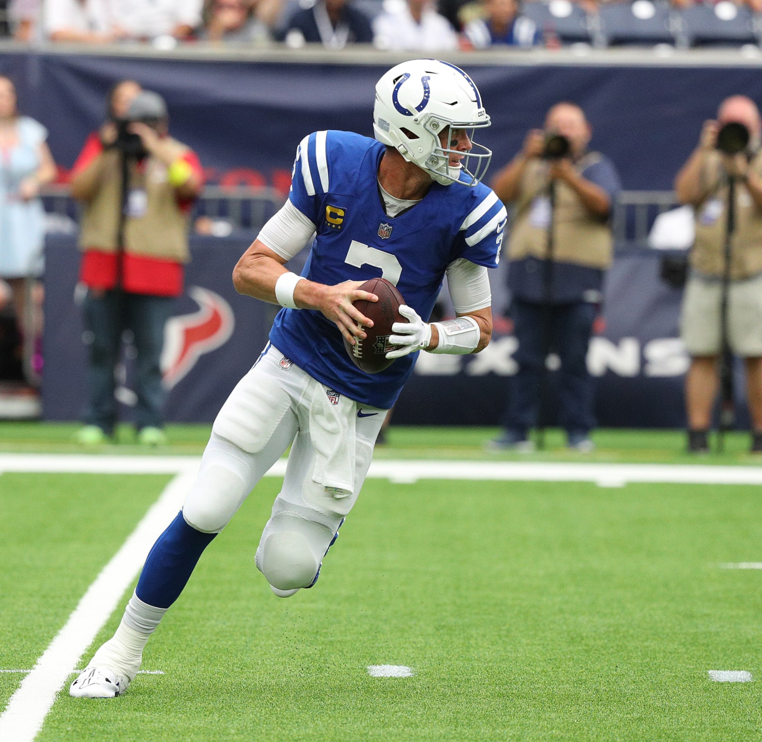 HOUSTON, TEXAS - SEPTEMBER 11: Indianapolis Colts quarterback Matt Ryan #2 rolls out looking for a receiver against the Houston Texans at NRG Stadium on September 11, 2022 in Houston, Texas. (Photo by Bob Levey/Getty Images) HOUSTON, TEXAS - SEPTEMBER 11: Indianapolis Colts quarterback Matt Ryan #2 rolls out looking for a receiver against the Houston Texans at NRG Stadium on September 11, 2022 in Houston, Texas. (Photo by Bob Levey/Getty Images)