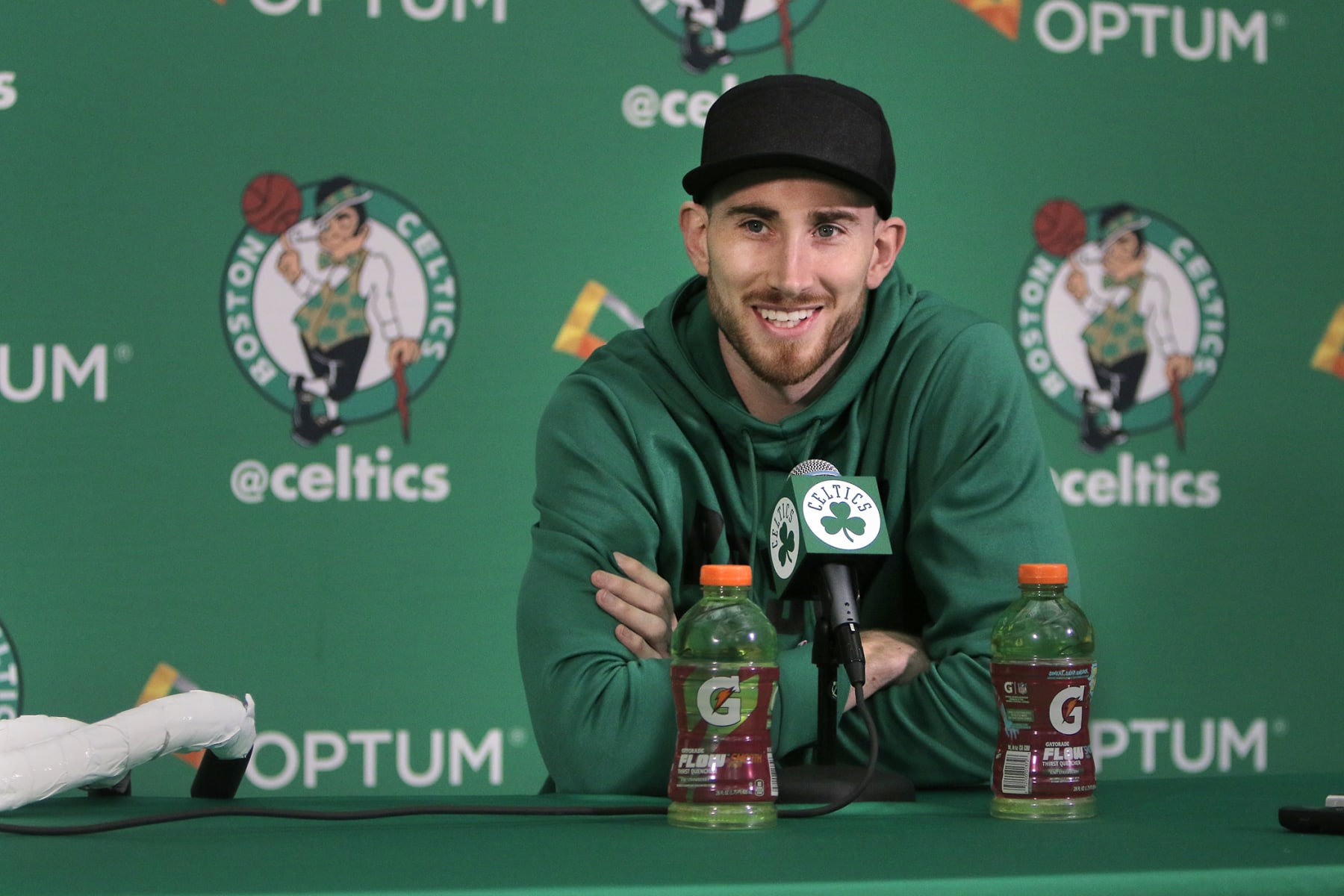 WALTHAM - NOVEMBER 2: Boston Celtics' Gordon Hayward meets with the media for a press conference at the team's practice facility in Waltham, MA on Nov. 2, 2017. It was the first time he has spoken to media since the gruesome injury he suffered early in his first game with the team. (Photo by Lane Turner/The Boston Globe via Getty Images)