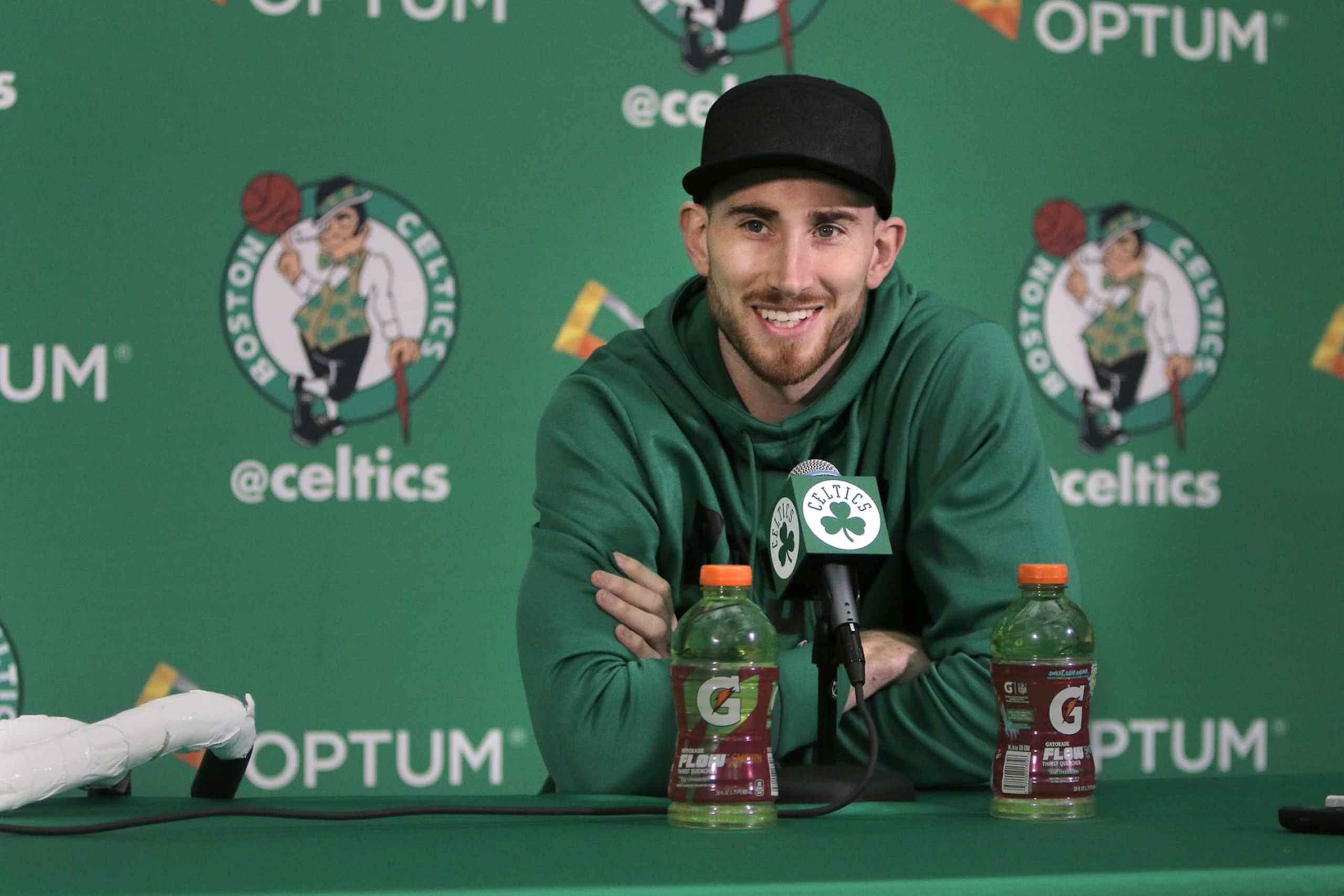 WALTHAM - NOVEMBER 2: Boston Celtics' Gordon Hayward meets with the media for a press conference at the team's practice facility in Waltham, MA on Nov. 2, 2017. It was the first time he has spoken to media since the gruesome injury he suffered early in his first game with the team. (Photo by Lane Turner/The Boston Globe via Getty Images)