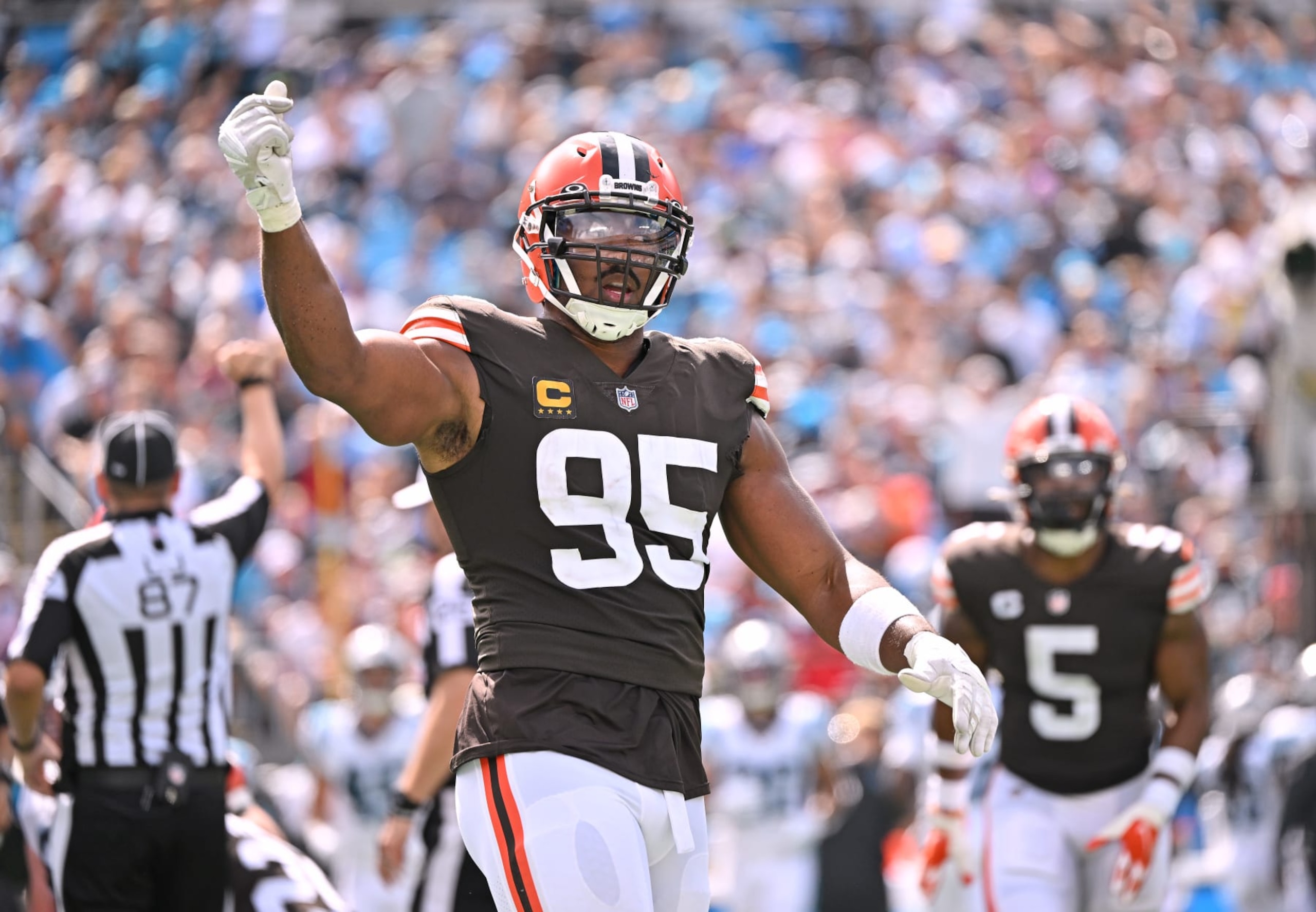 CHARLOTTE, NORTH CAROLINA - SEPTEMBER 11: Myles Garrett #95 of the Cleveland Browns reacts after a sack of Baker Mayfield #6 of the Carolina Panthers during their game at Bank of America Stadium on September 11, 2022 in Charlotte, North Carolina. Cleveland won 26-24. (Photo by Grant Halverson/Getty Images) CHARLOTTE, NORTH CAROLINA - SEPTEMBER 11: Myles Garrett #95 of the Cleveland Browns reacts after a sack of Baker Mayfield #6 of the Carolina Panthers during their game at Bank of America Stadium on September 11, 2022 in Charlotte, North Carolina. Cleveland won 26-24. (Photo by Grant Halverson/Getty Images)