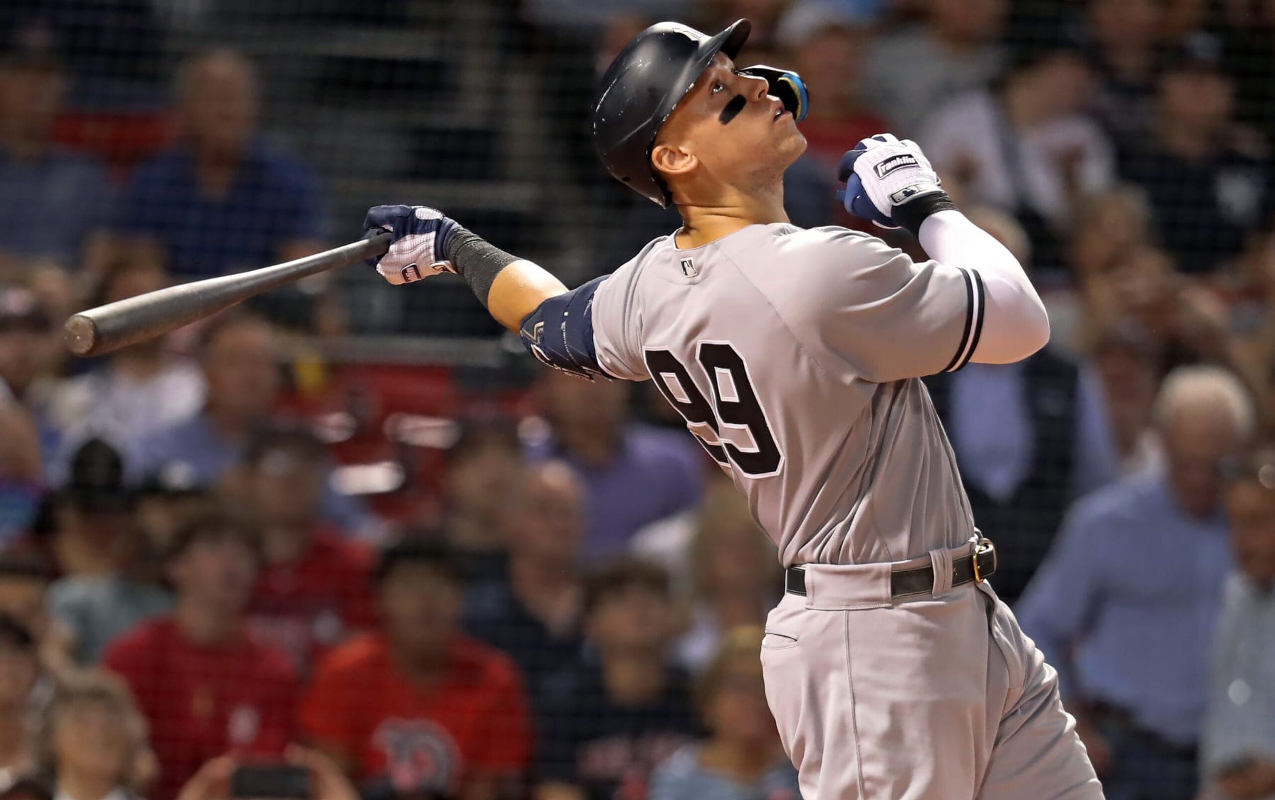 Boston, MA - September 13: New York Yankee Aaron Judge is pictured swinging during his top of the first inning at-bat. The Yankees beat the Boston Red Sox, 7-6. (Photo by Jim Davis/The Boston Globe via Getty Images)