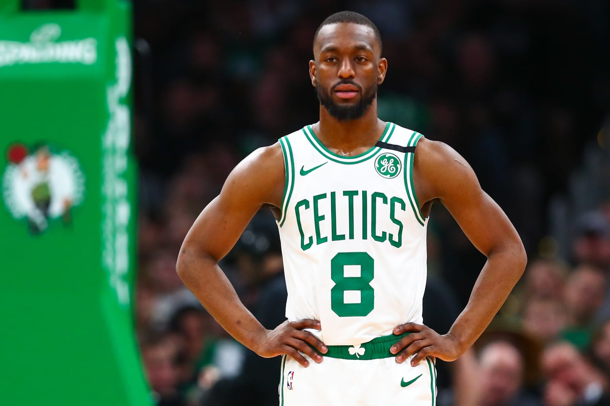 BOSTON, MA - JANUARY 13:  Kemba Walker #8 of the Boston Celtics looks on during a game against the Chicago Bulls at TD Garden on January 13, 2019 in Boston, Massachusetts. NOTE TO USER: User expressly acknowledges and agrees that, by downloading and or using this photograph, User is consenting to the terms and conditions of the Getty Images License Agreement. (Photo by Adam Glanzman/Getty Images)