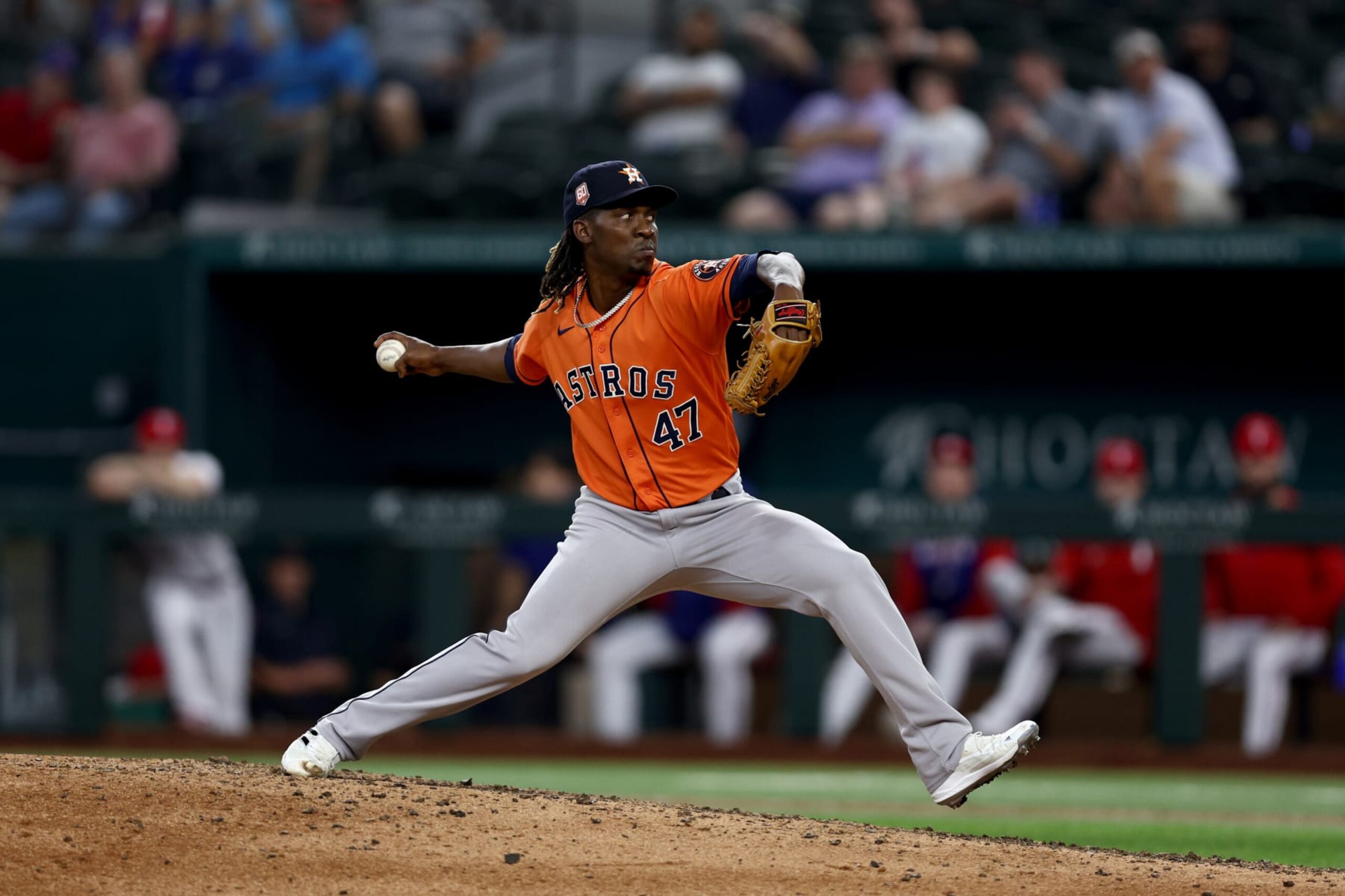 ARLINGTON, TEXAS - AUGUST 31: Rafael Montero #47 of the Houston Astros pitches against the Texas Rangers in the bottom of the ninth inning at Globe Life Field on August 31, 2022 in Arlington, Texas. (Photo by Tom Pennington/Getty Images)