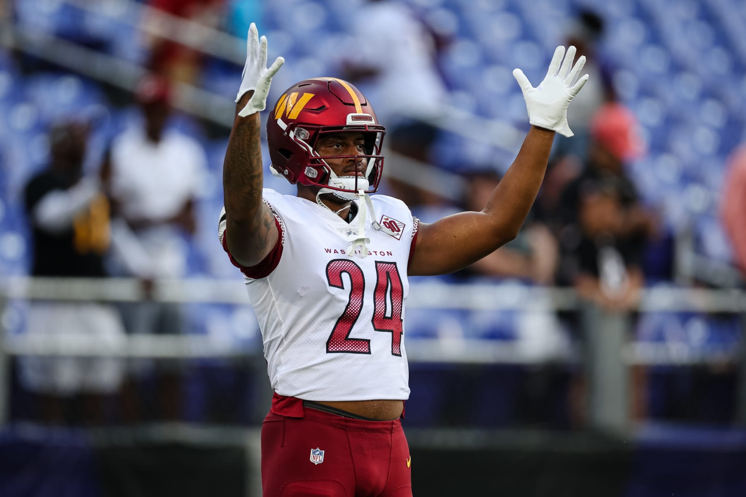 BALTIMORE, MD - AUGUST 27: Antonio Gibson #24 of the Washington Commanders warms up before the preseason game against the Baltimore Ravens at M&T Bank Stadium on August 27, 2022 in Baltimore, Maryland. (Photo by Scott Taetsch/Getty Images) BALTIMORE, MD - AUGUST 27: Antonio Gibson #24 of the Washington Commanders warms up before the preseason game against the Baltimore Ravens at M&T Bank Stadium on August 27, 2022 in Baltimore, Maryland. (Photo by Scott Taetsch/Getty Images)