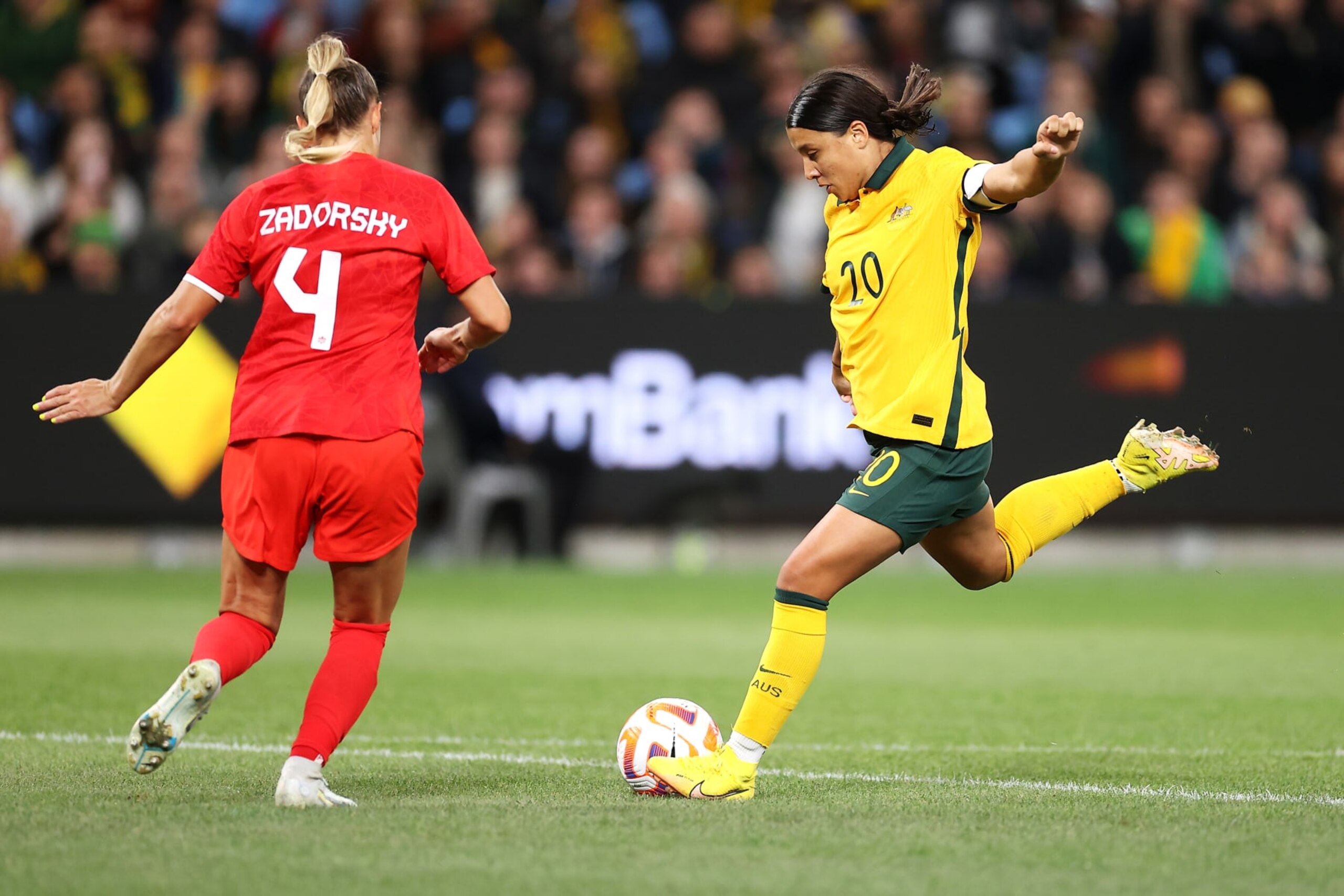 SYDNEY, AUSTRALIA - SEPTEMBER 06: Sam Kerr of the Matildas shoots at goal during the International Friendly Match between the Australia Matildas and Canada at Allianz Stadium on September 06, 2022 in Sydney, Australia. (Photo by Mark Kolbe/Getty Images)