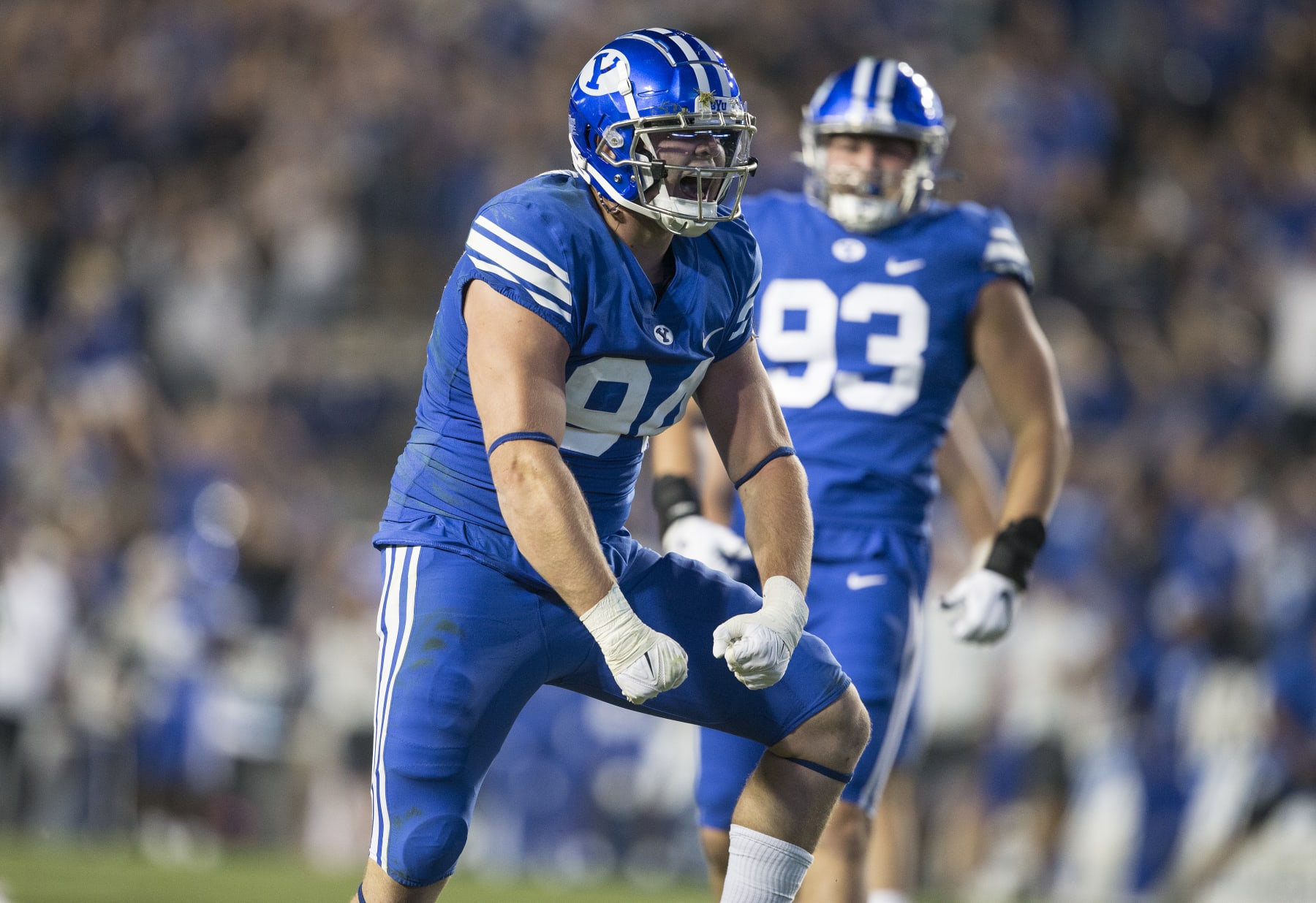 PROVO, UT- SEPTEMBER 10: John Nelson #94 of the Brigham Young Cougars celebrates sacking Blake Shapen of the Baylor Bears during the second half of their game at LaVell Edwards Stadium on September 10, 2022 in Provo, Utah. (Photo by Chris Gardner/Getty Images) PROVO, UT- SEPTEMBER 10: John Nelson #94 of the Brigham Young Cougars celebrates sacking Blake Shapen of the Baylor Bears during the second half of their game at LaVell Edwards Stadium on September 10, 2022 in Provo, Utah. (Photo by Chris Gardner/Getty Images)