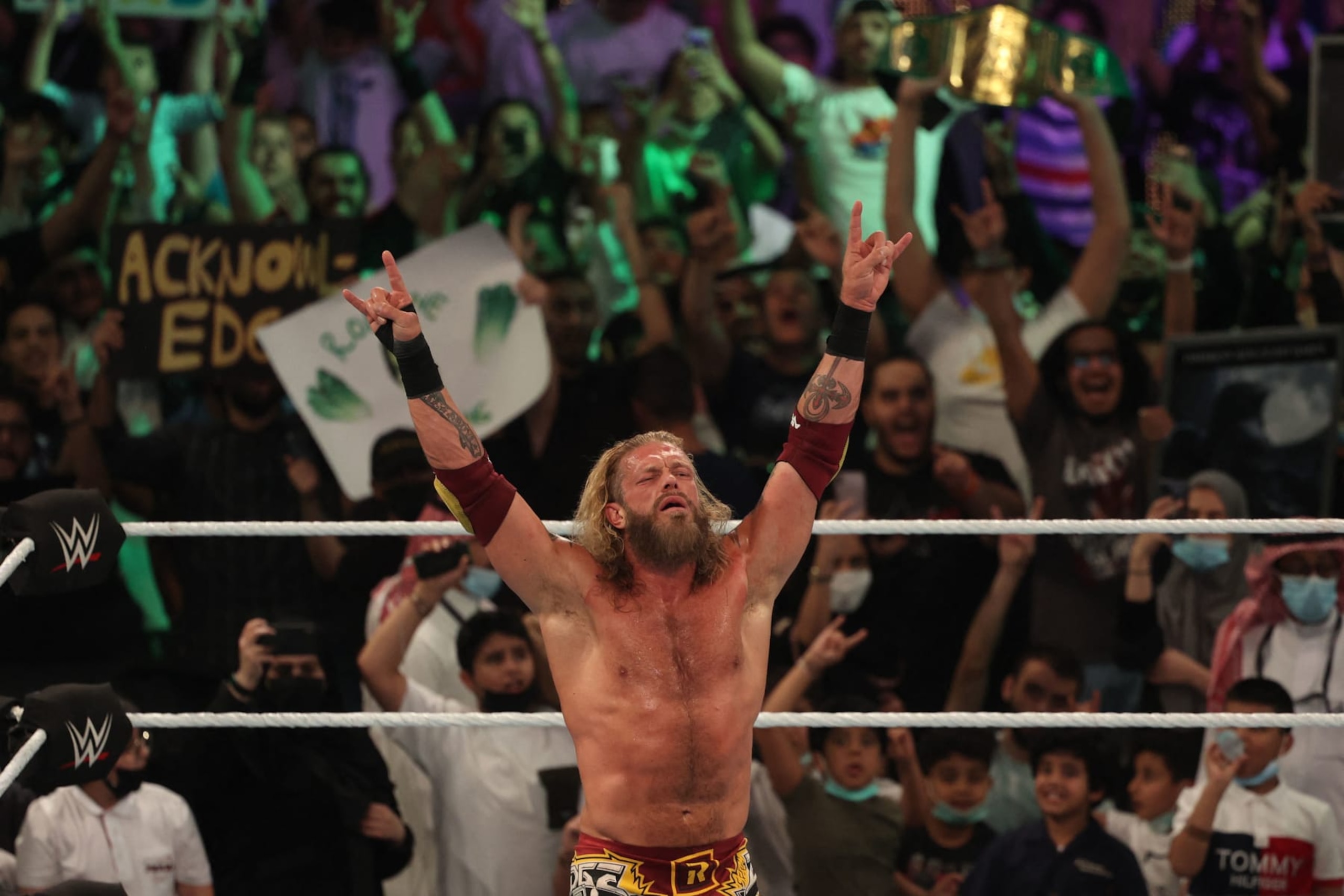 Edge celebrates after winning his match during the World Wrestling Entertainment (WWE) Crown Jewel pay-per-view in the Saudi capital Riyadh on October 21, 2021. (Photo by Fayez Nureldine / AFP) (Photo by FAYEZ NURELDINE/AFP via Getty Images)