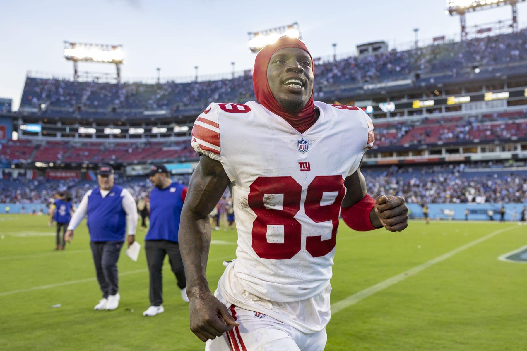 NASHVILLE, TENNESSEE - SEPTEMBER 11: Kadarius Toney #89 of the New York Giants jogs off the field after a game against the Tennessee Titans at Nissan Stadium on September 11, 2022 in Nashville, Tennessee. The Giants defeated the Titans 21-20.  (Photo by Wesley Hitt/Getty Images)