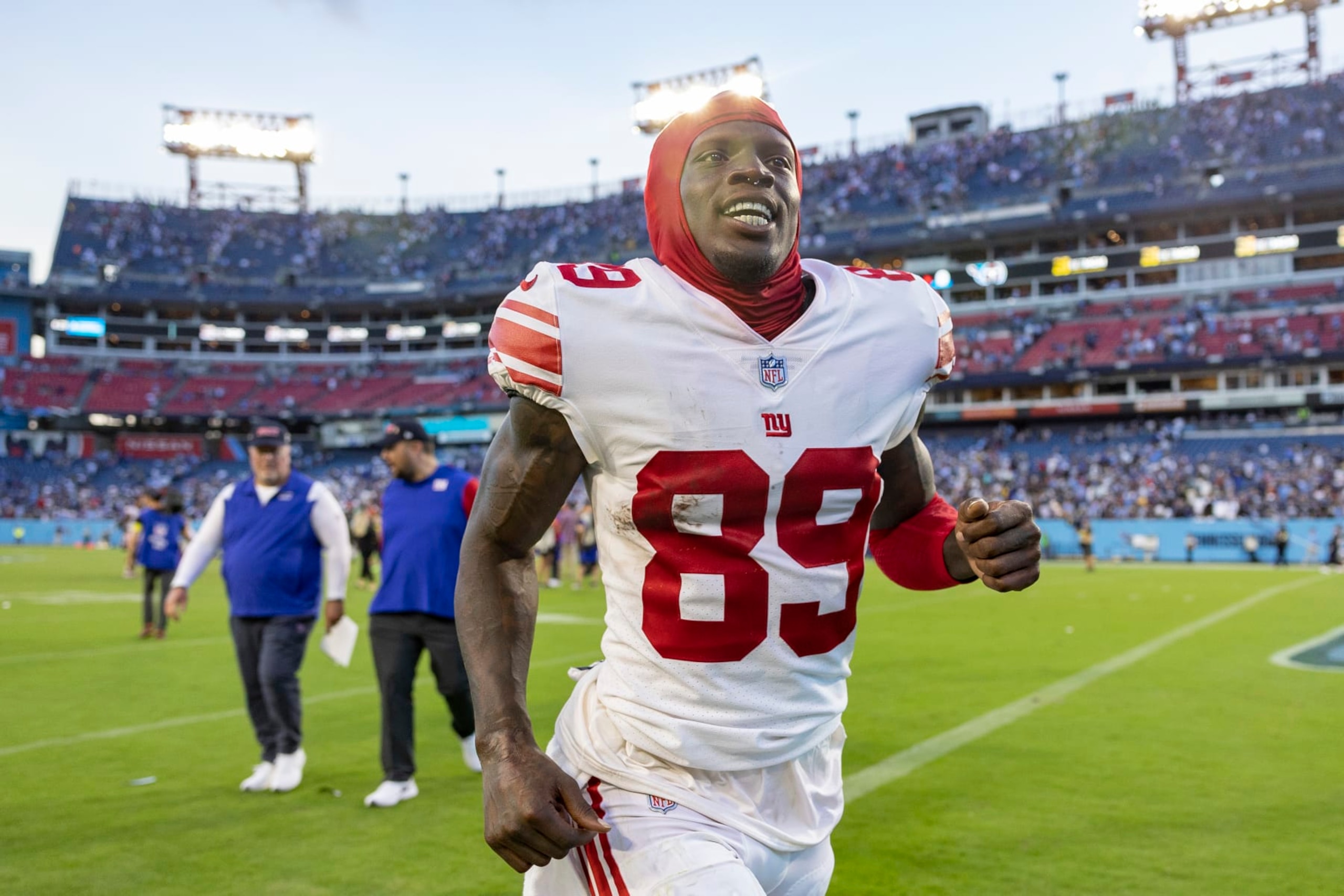 NASHVILLE, TENNESSEE - SEPTEMBER 11: Kadarius Toney #89 of the New York Giants jogs off the field after a game against the Tennessee Titans at Nissan Stadium on September 11, 2022 in Nashville, Tennessee. The Giants defeated the Titans 21-20.  (Photo by Wesley Hitt/Getty Images)