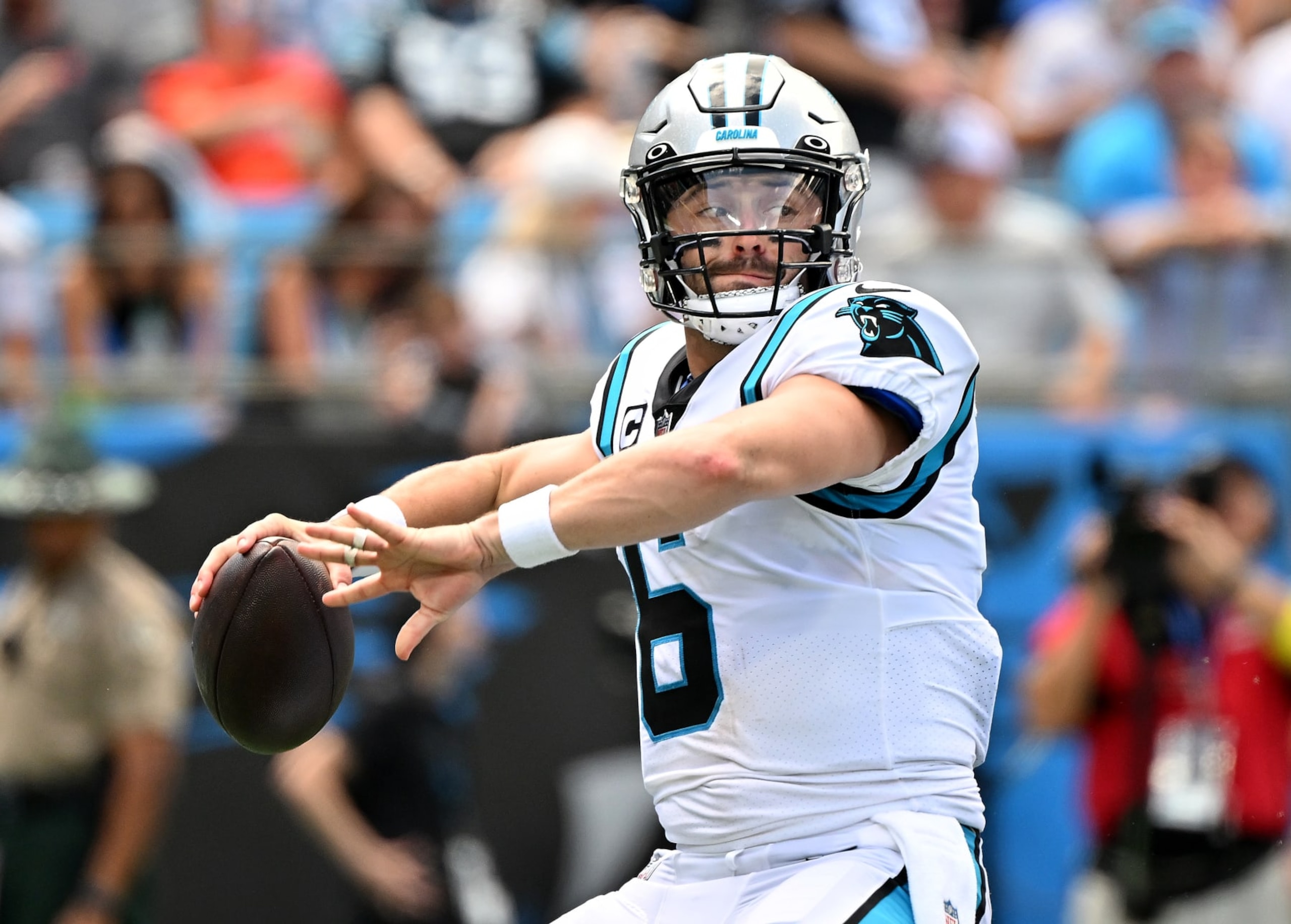 CHARLOTTE, NORTH CAROLINA - SEPTEMBER 11: Baker Mayfield #6 of the Carolina Panthers looks to pass against the Cleveland Browns during their game at Bank of America Stadium on September 11, 2022 in Charlotte, North Carolina. Cleveland won 26-24. (Photo by Grant Halverson/Getty Images)