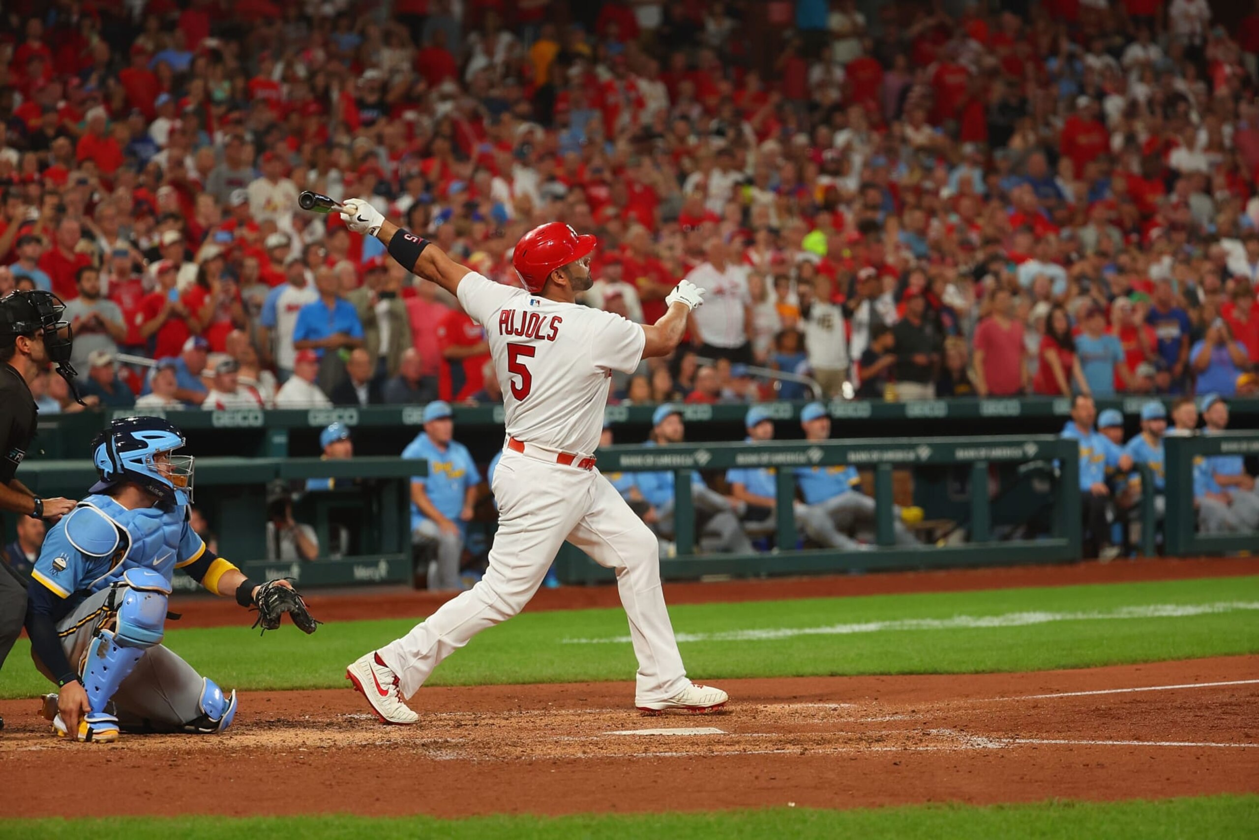 ST LOUIS, MO - SEPTEMBER 13: Albert Pujols #5 of the St. Louis Cardinals bats against the Milwaukee Brewers at Busch Stadium on September 13, 2022 in St Louis, Missouri. (Photo by Dilip Vishwanat/Getty Images)